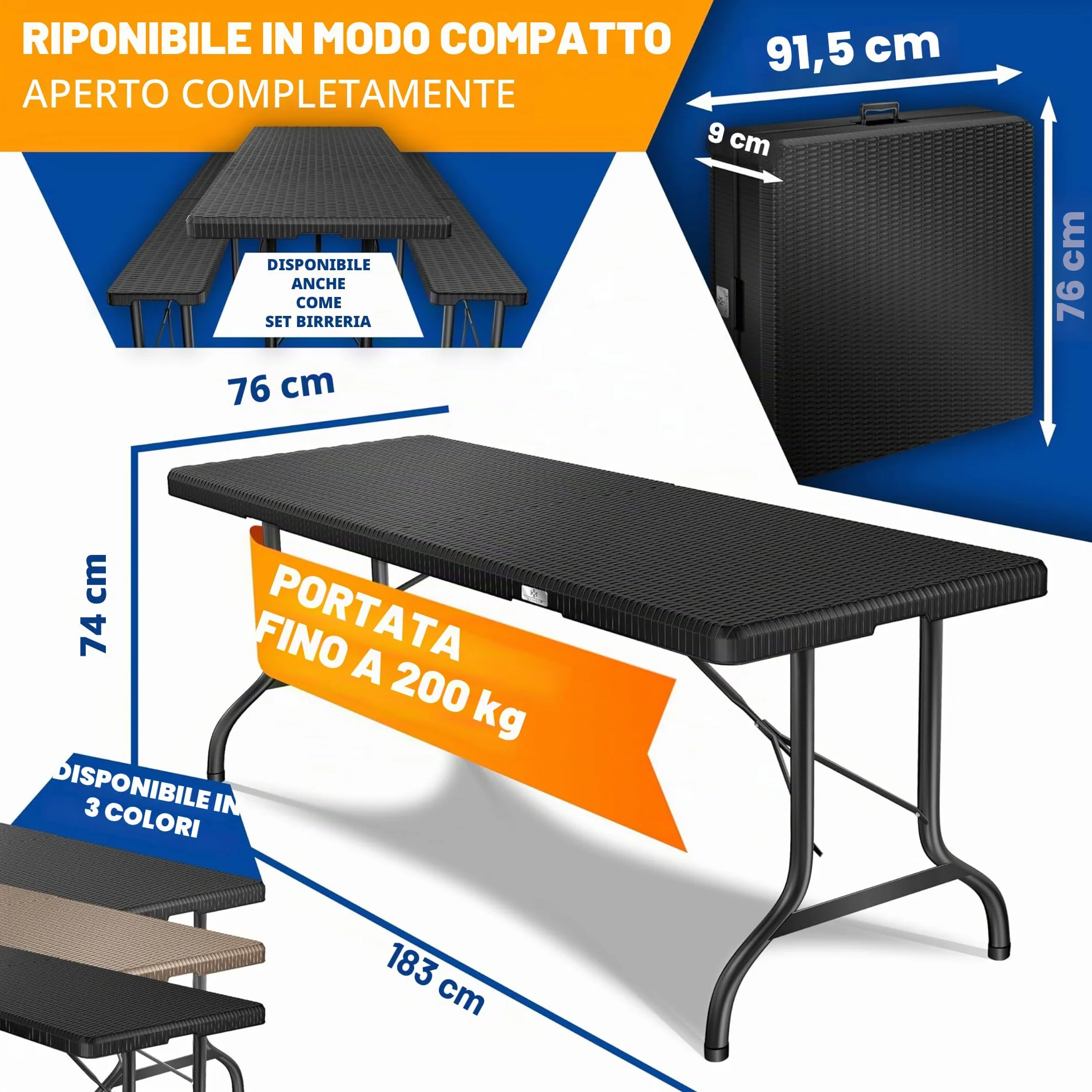 KESSER® Tavolo da buffet Tavolo pieghevole in plastica, 180x75 cm di rattan tavolo da campeggio tavolo per feste tavolo pieghevole tavolo da giardino, terrazza e balcone, Antracite