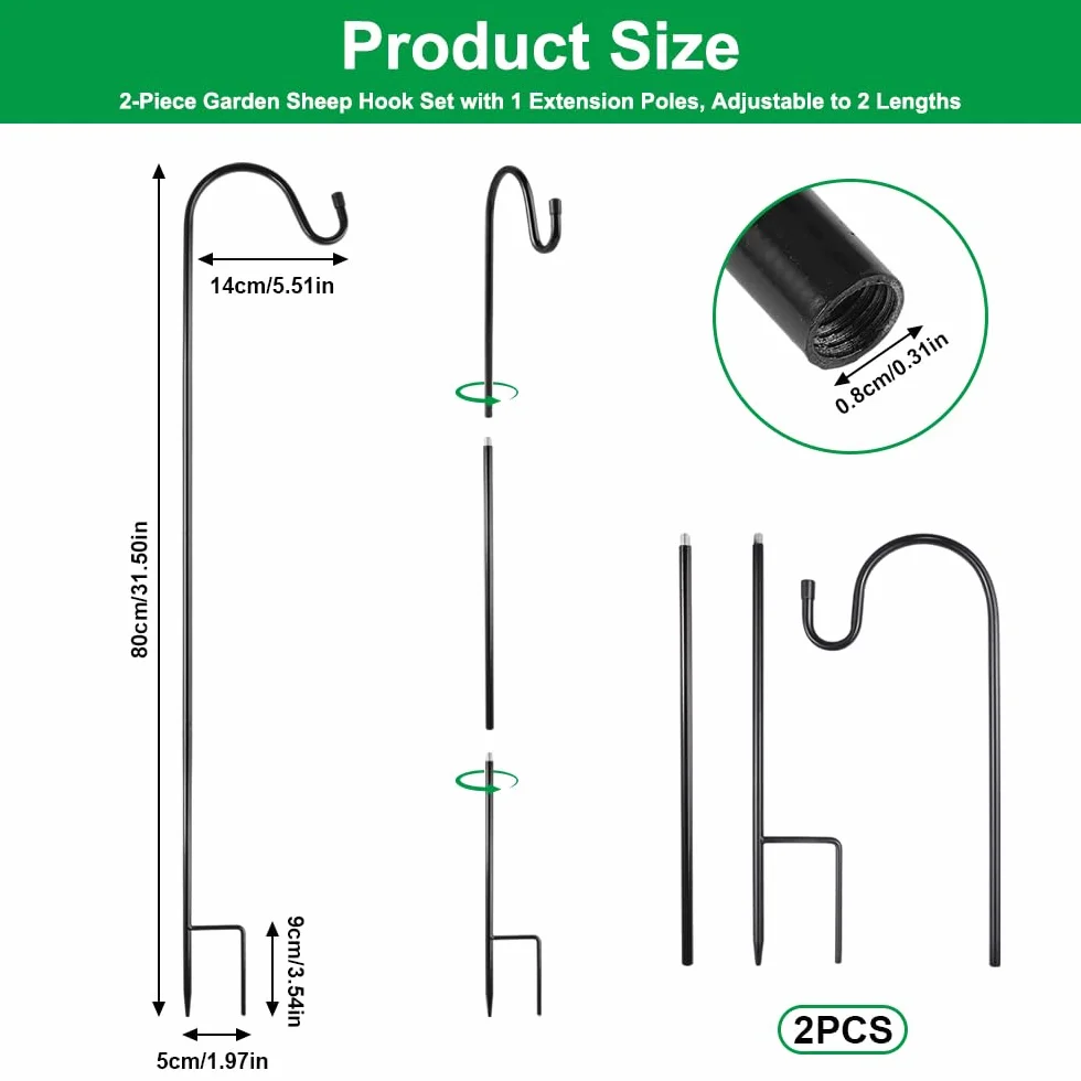Gancio da Pastore per Esterni Regolabile 80cm/31.5 Inch 2 Pezzi Resistenti per Luci Esterno Gabbie Uccelli