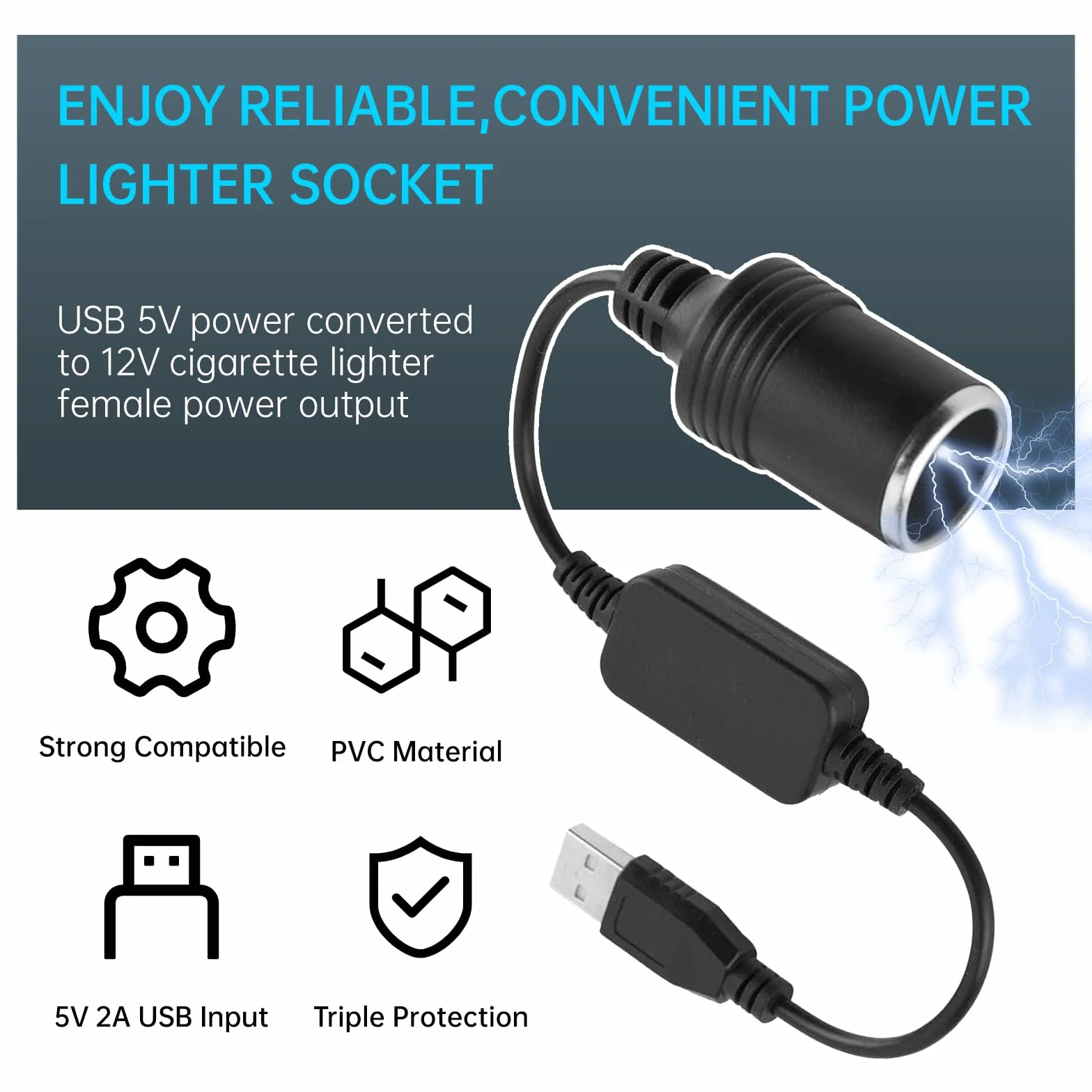 Anei Cavo convertitore da USB A maschio a presa accendisigari femmina 12 V adattatore auto per GPS Dashcam