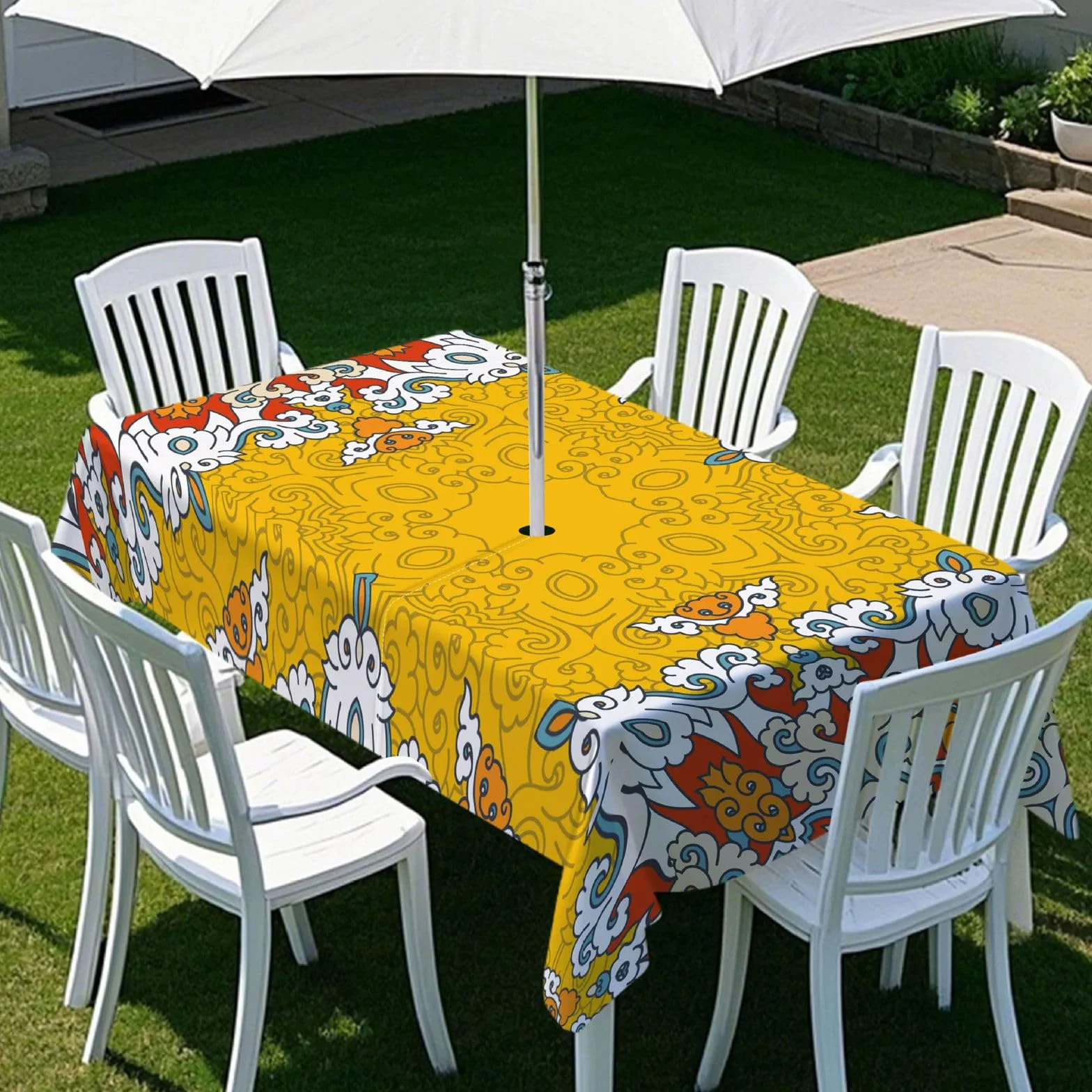 Morbuy Tovaglia Rettangolare Impermeabile Antimacchia per Esterno con Foro Ombrellone, Stile Etnico, 259x152cm