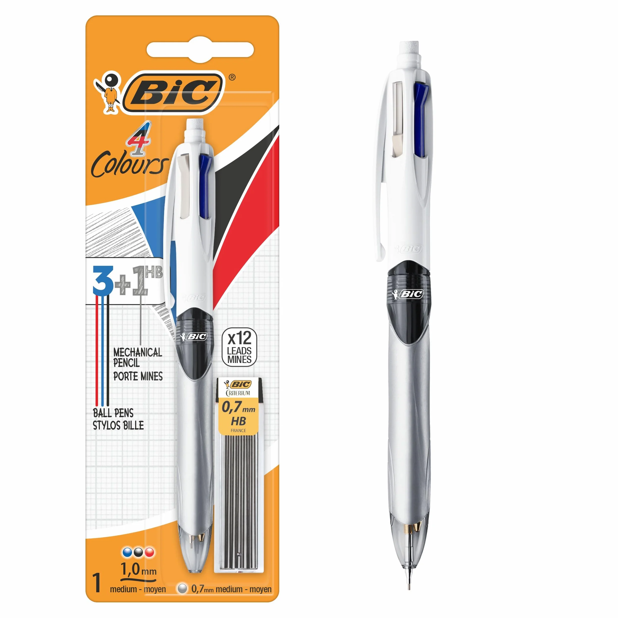 BIC 4 Colori Penna Multicolore con Matita Grafite, Penna a Sfera a Scatto 3 Inchiostri e 1 Matita Meccanica HB