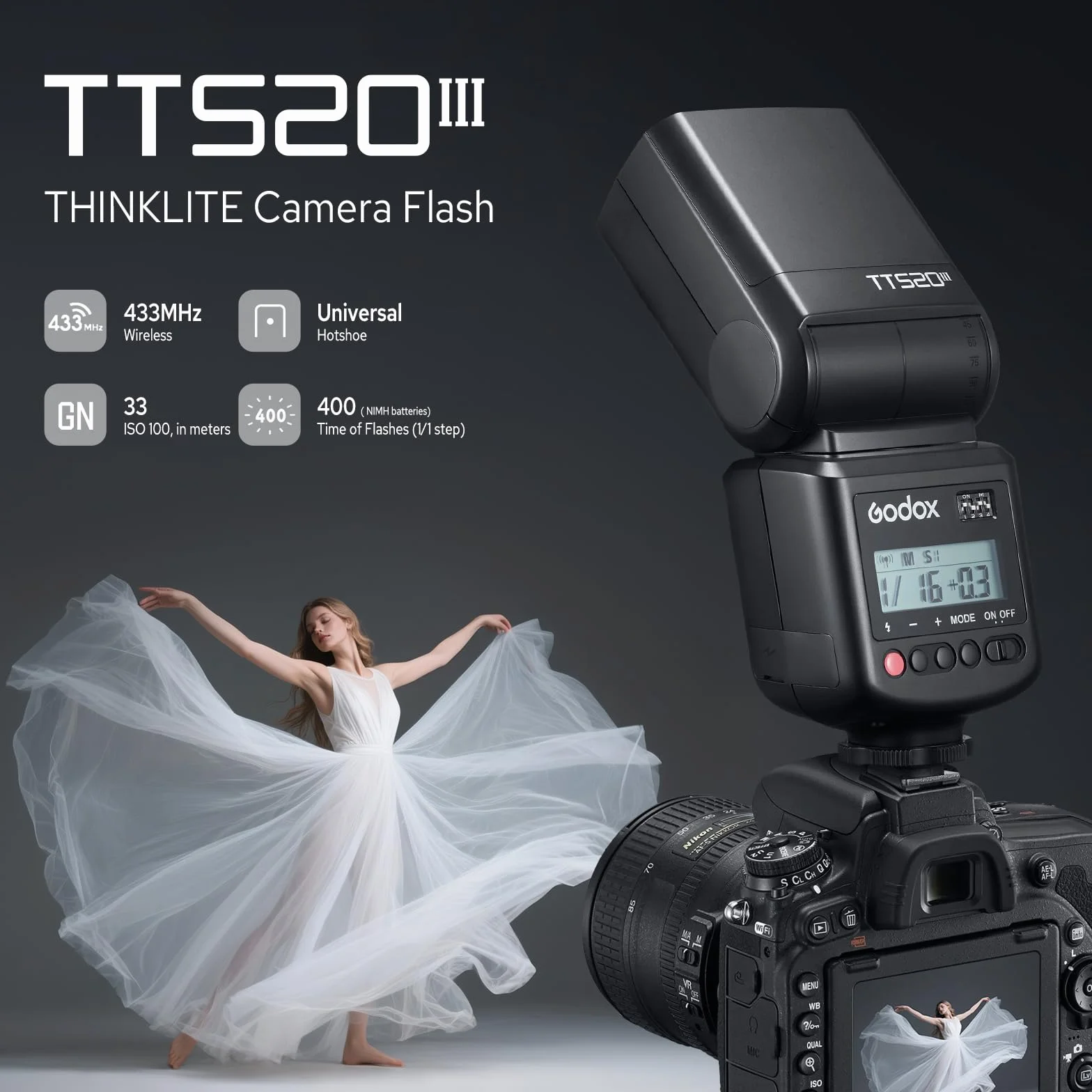 Godox TT520III Flash Speedlite GN33 Manuale per Fotocamera con RT-16 e S1 S2 PC Sync Canon Sony Fujifilm Nikon Panasonic Olympus
