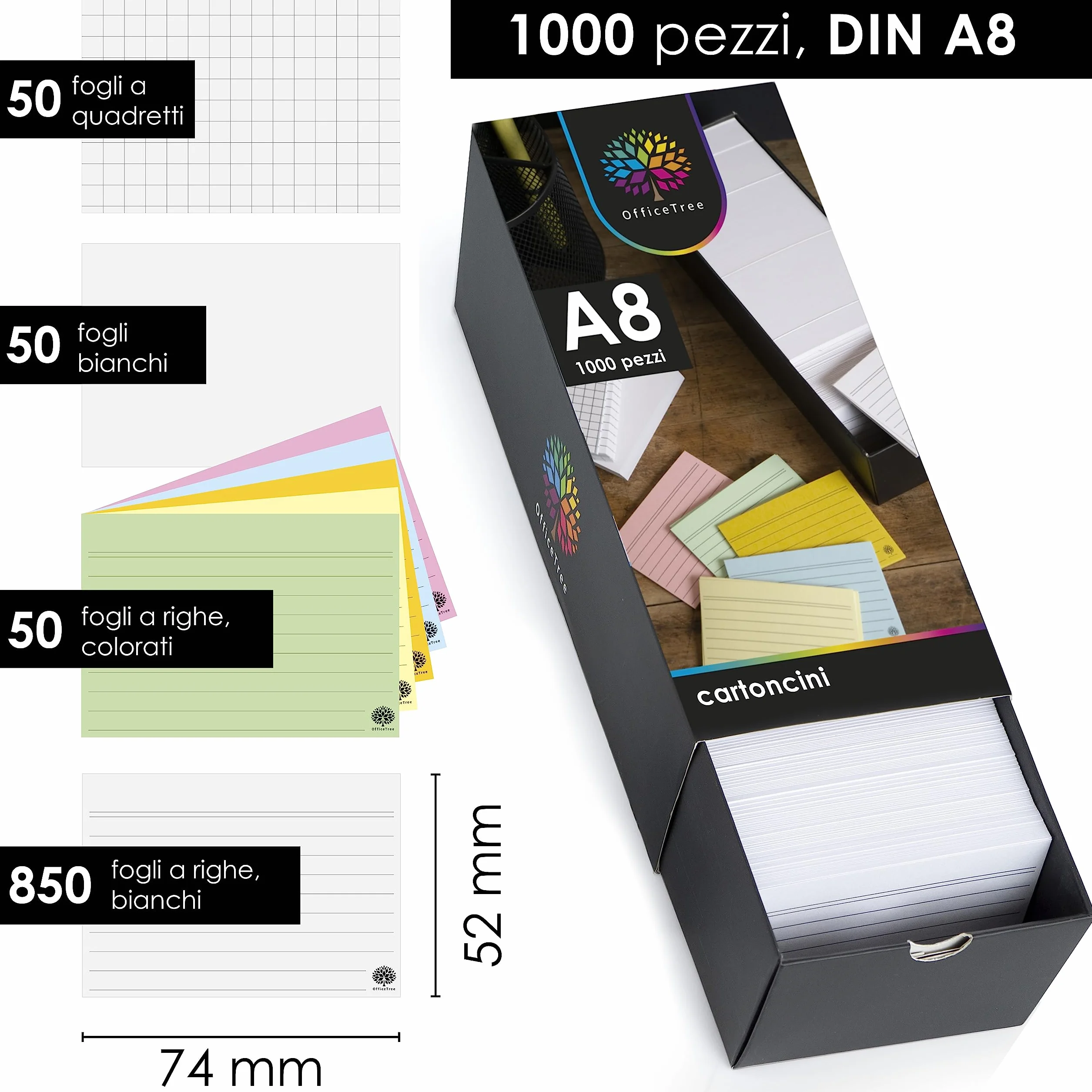 OfficeTree 1000 cartoncini A8 righe quadri colorati per vocabolario formule appunti
