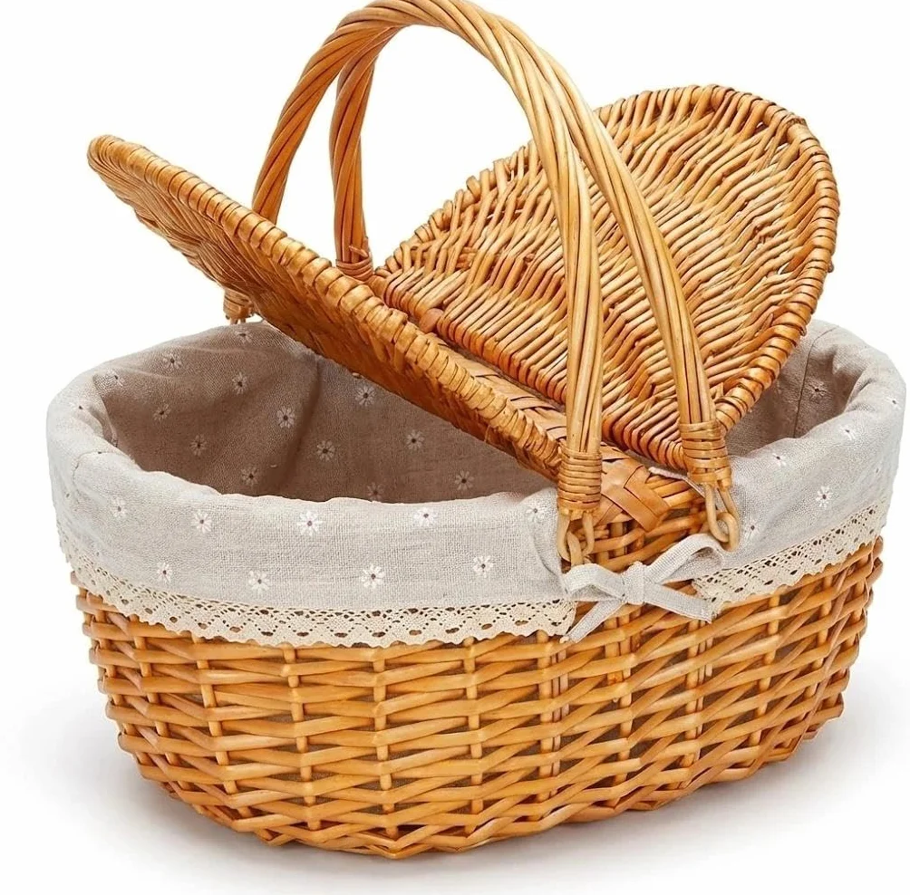 Cestino da picnic in vimini con coperchio, cestino per la spesa intrecciato con manico e fodera, cestino per funghi, cestino in vimini per picnic, campeggio, raccolta di verdure (fiori bianchi)