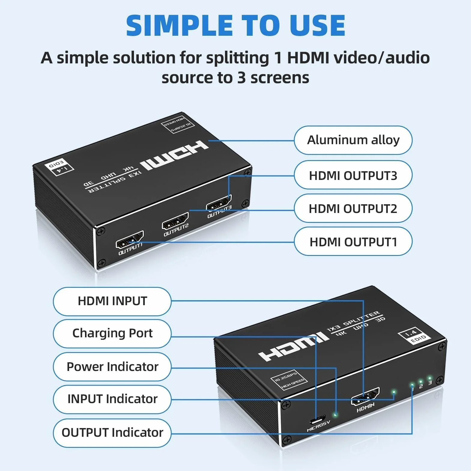 HDMI Splitter 1 in 3 out 4K sdoppiatore HDMI per 3 monitor HDCP 3D UHD 1080P compatibile con Laptop PC DVD HDTV console di gioco