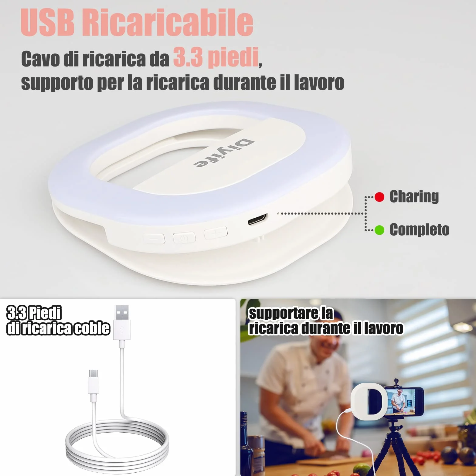 Diyife Selfie Ring Light 60 LED Ricaricabile 5 Livelli di Luminosità con Cavo USB per YouTube TikTok Smartphone