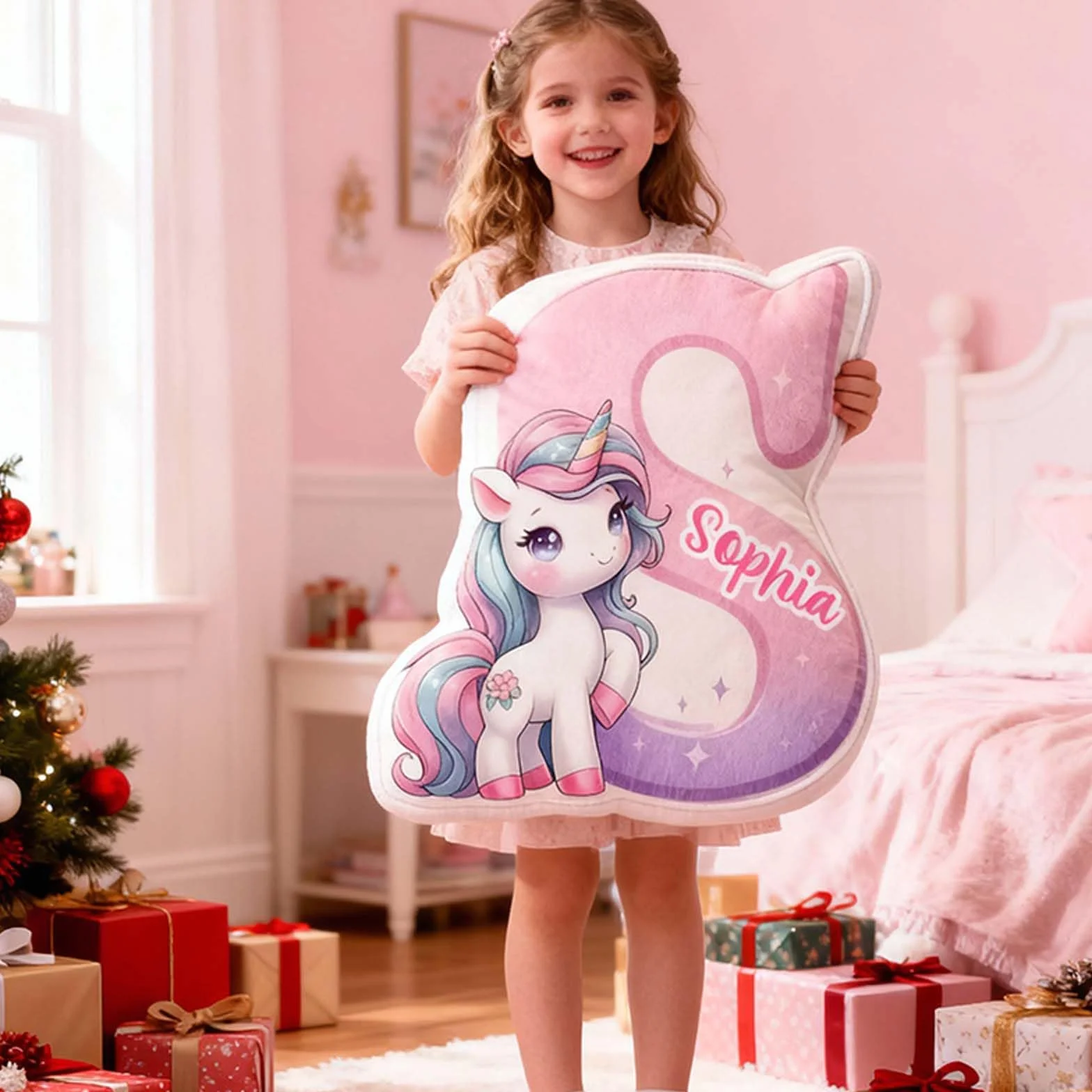 Drawelry Cuscino Personalizzato a Forma di Unicorno,Decorazione per la casa,Cuscini Decorativi Regalo di Natale Carino per Bambine (lettera unicorno)