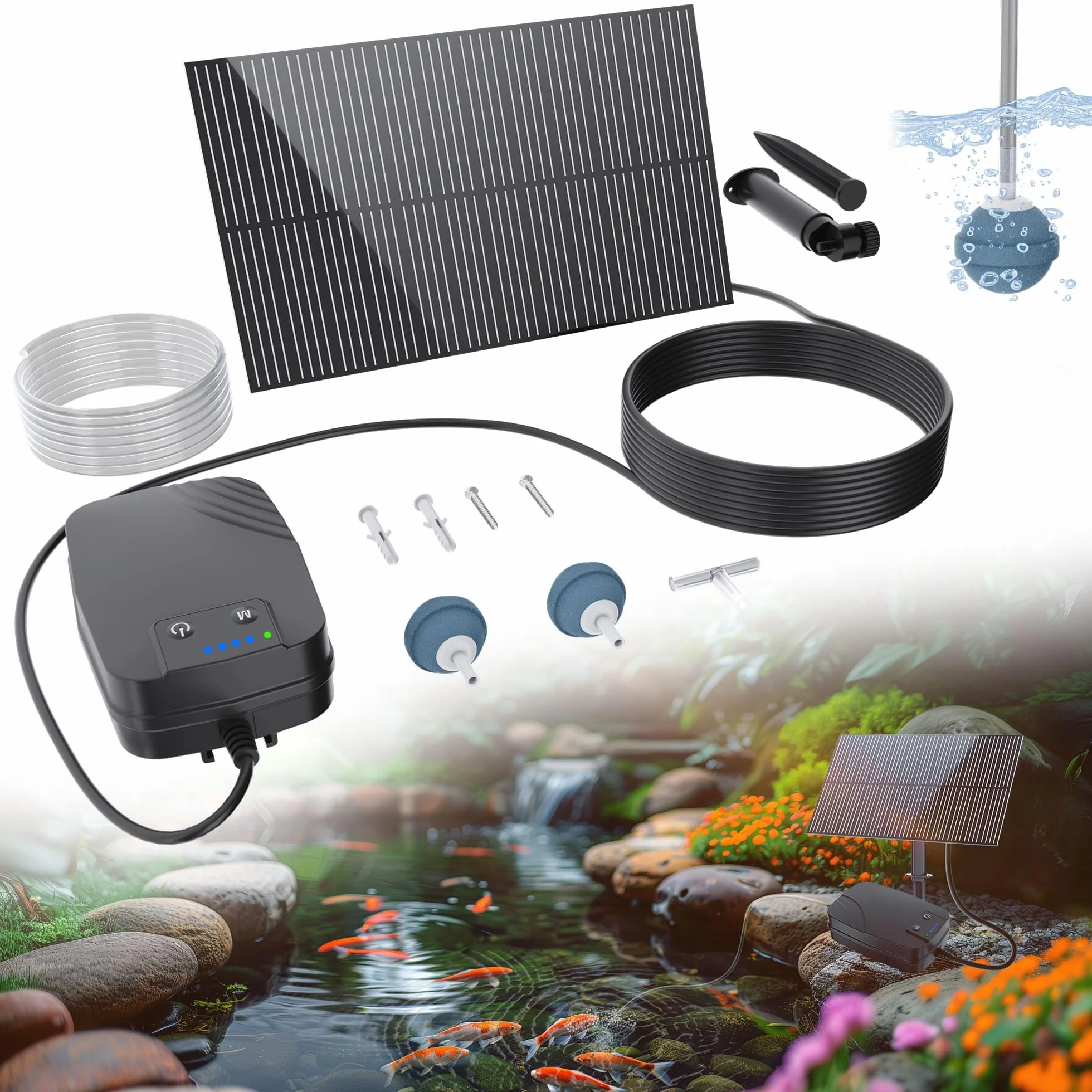 Biling - Aeratore solare per laghetto, pompa di ossigeno con batteria da 1500mAh, pannello in vetro da 2W, tubo da 3m, IPX5, silenziosa pompa ad aria solare per giardino, laghetto da pioggia