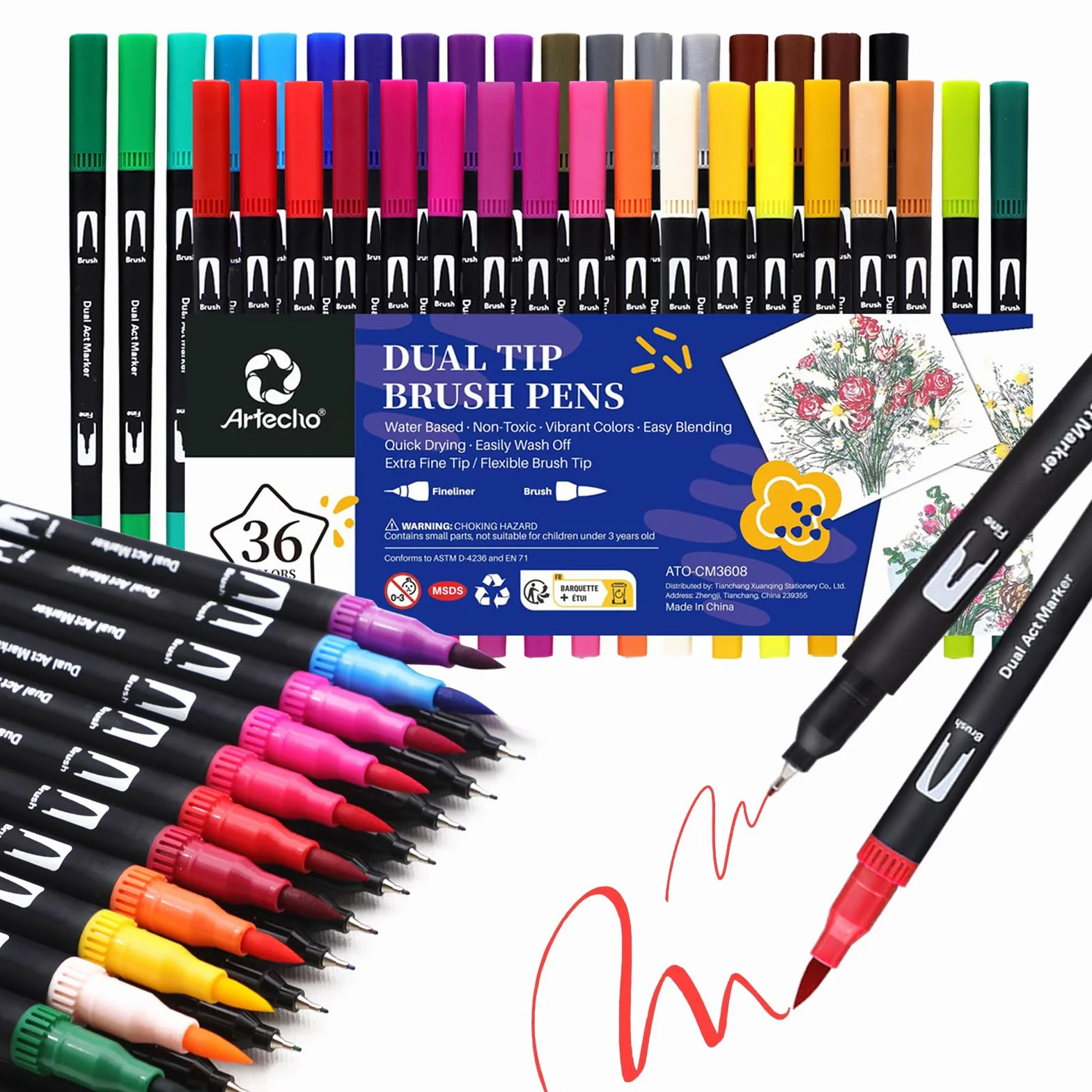 Artecho Brush Pen Lettering 36 Colori, Pennarelli Doppia Punta Fine e Grossa, Pennarelli Acquerellabili per Calligrafia