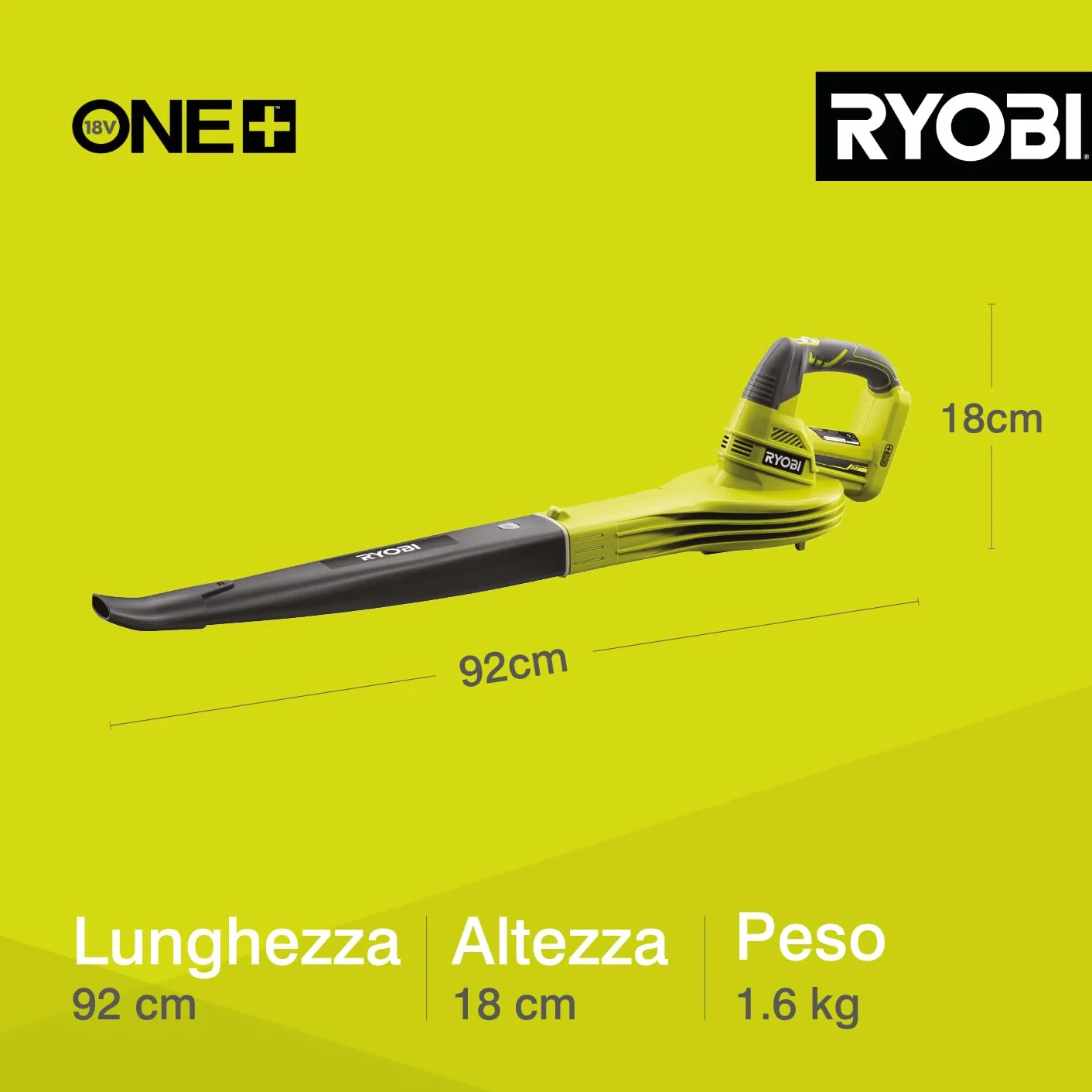 Ryobi Soffiatore a Batteria 18V ONE+ Compatto e Leggero, Velocità Aria 245 km/h, Design Ergonomico GripZone, Ideale per Foglie e Detriti su Vialetti e Giardini, Batteria Non Inclusa, OBL1820S