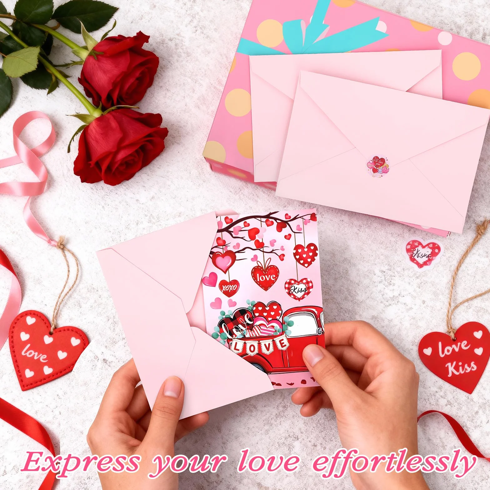 48 Biglietti di San Valentino 12 Design Unici con Adesivi e Buste Rosa 4x6in Cartolina per Marito Moglie Famiglia