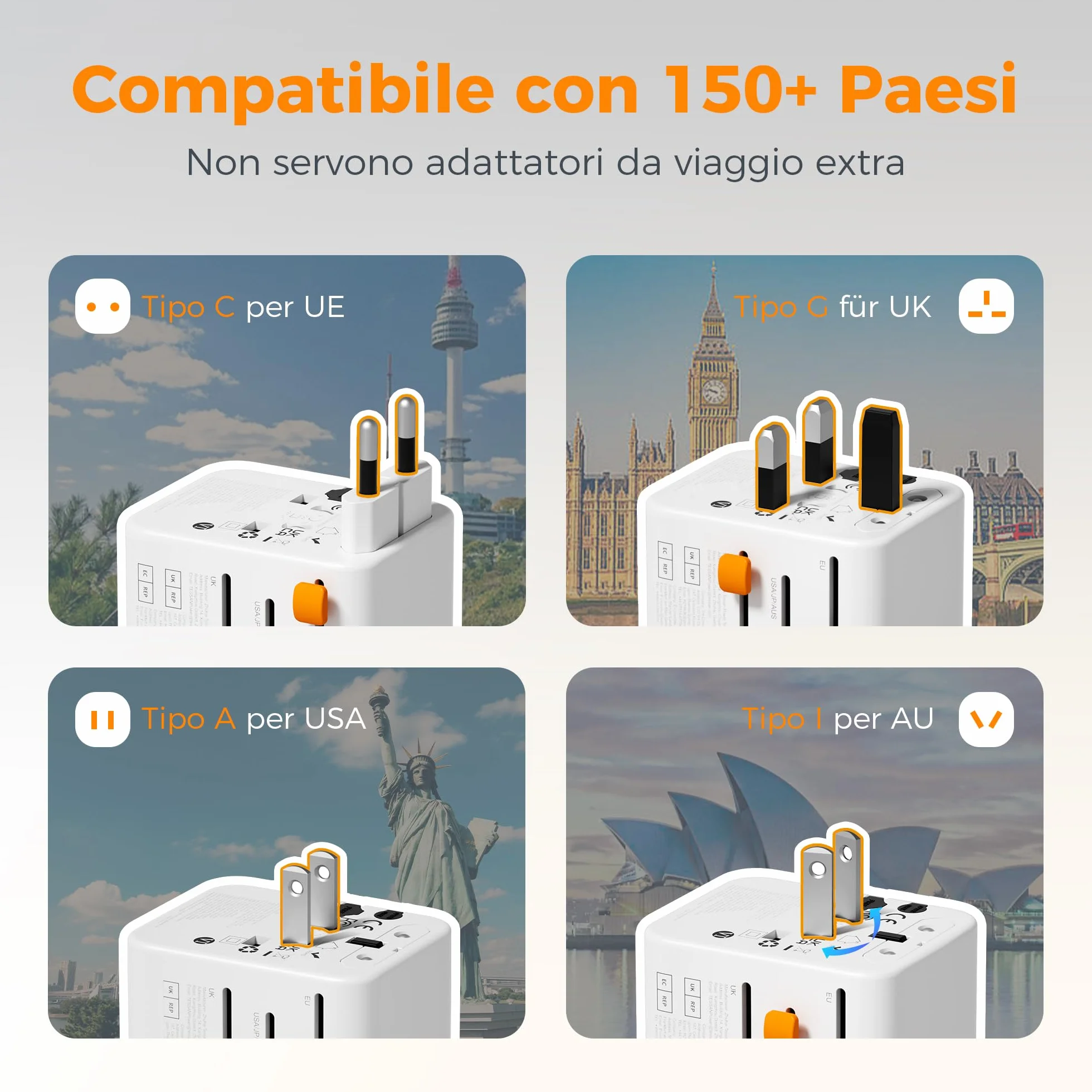 TESSAN Adattatore Universale da Viaggio con 2 USB C e 2 USB A, Presa per Spina Internazionale