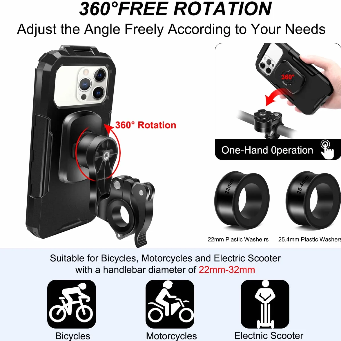 Porta Cellulare Bici Universale Moto Impermeabile Rotazione 360° Supporto Telefono Anti-Shake per 5.5-6.8 Pollici Smartphone Nero