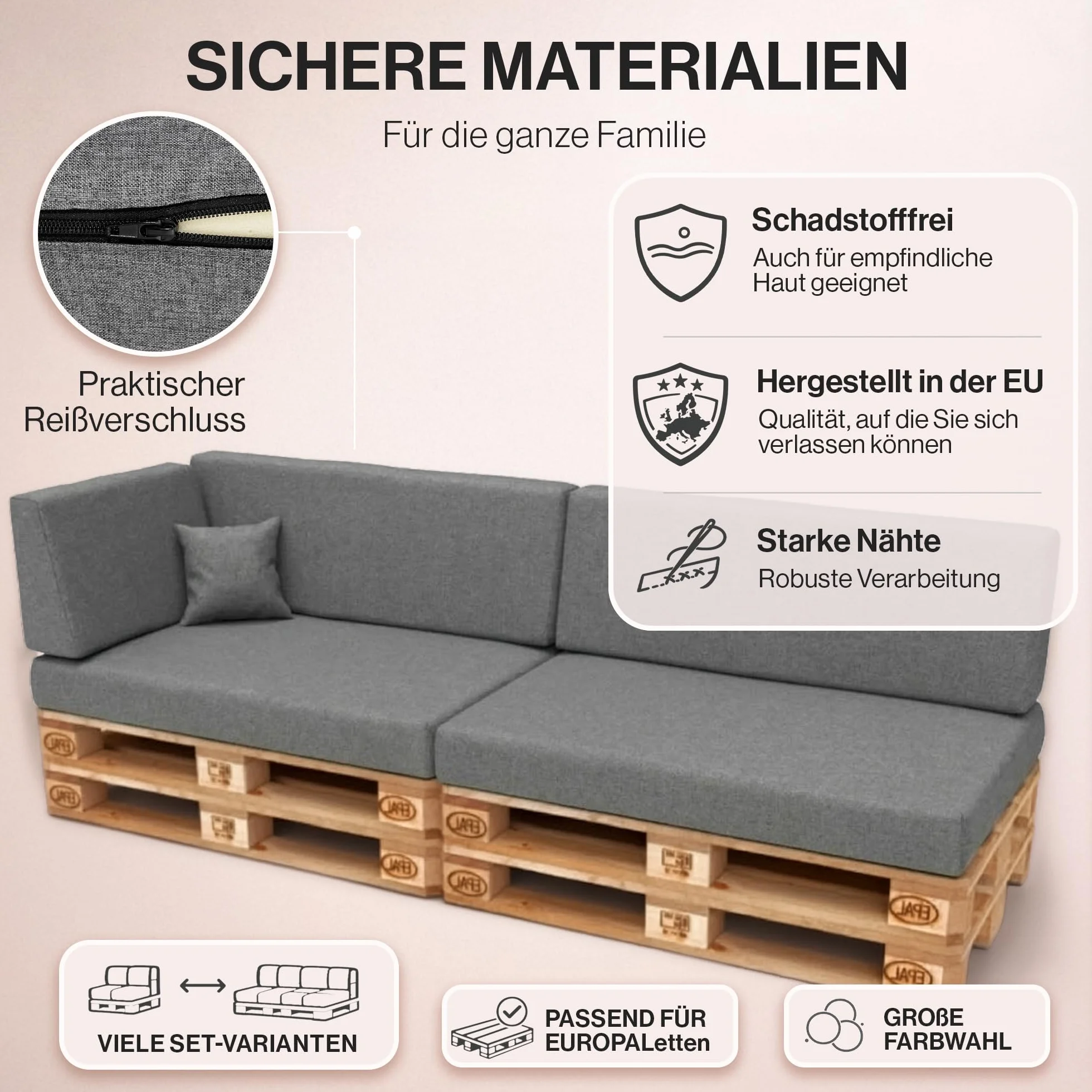 Cuscino per pallet 120 x 80 cm, per pallet europei, con schiuma poliuretanica granulata, trapuntato, per giardino, terrazza