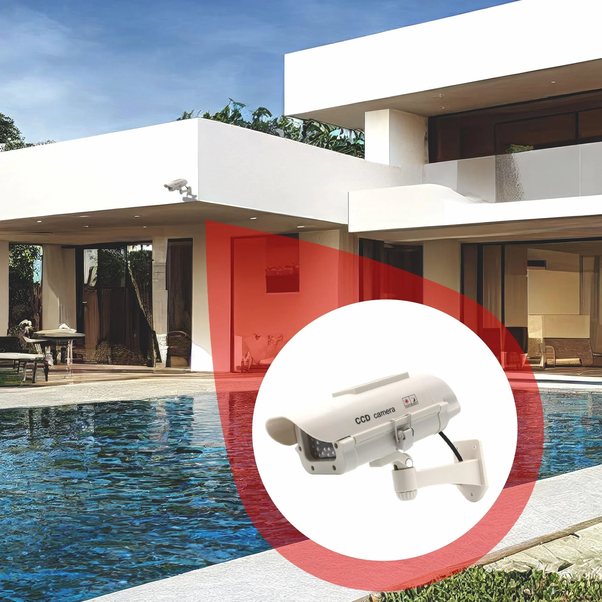 Fishtec Telecamera Finta da Esterno CCTV con LED Lampeggiante e Pannello Solare Bianco