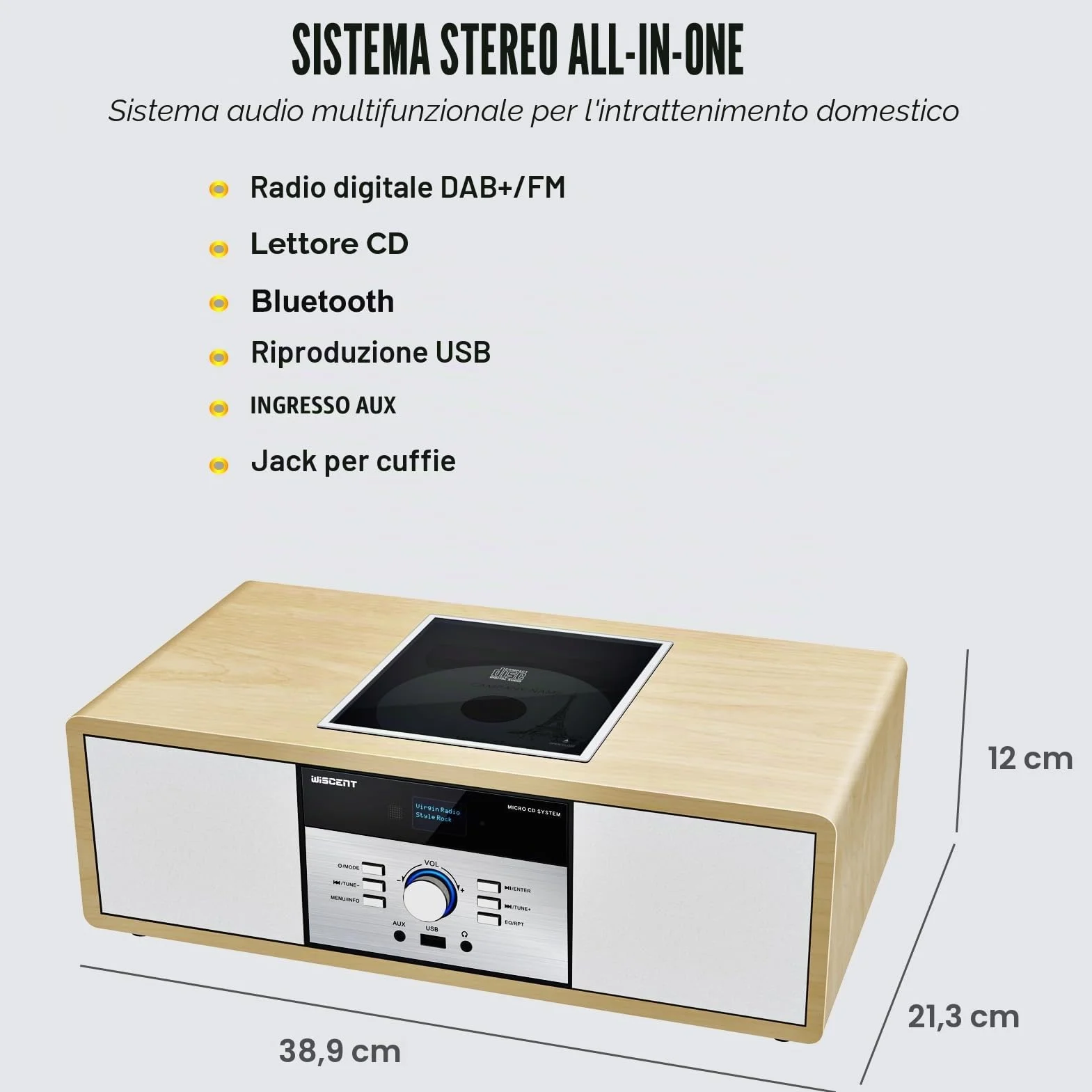 Impianto Stereo Casa Hi-Fi Radio DAB+ Lettore CD Bluetooth 5.0 FM USB 30W Design Retro Legno