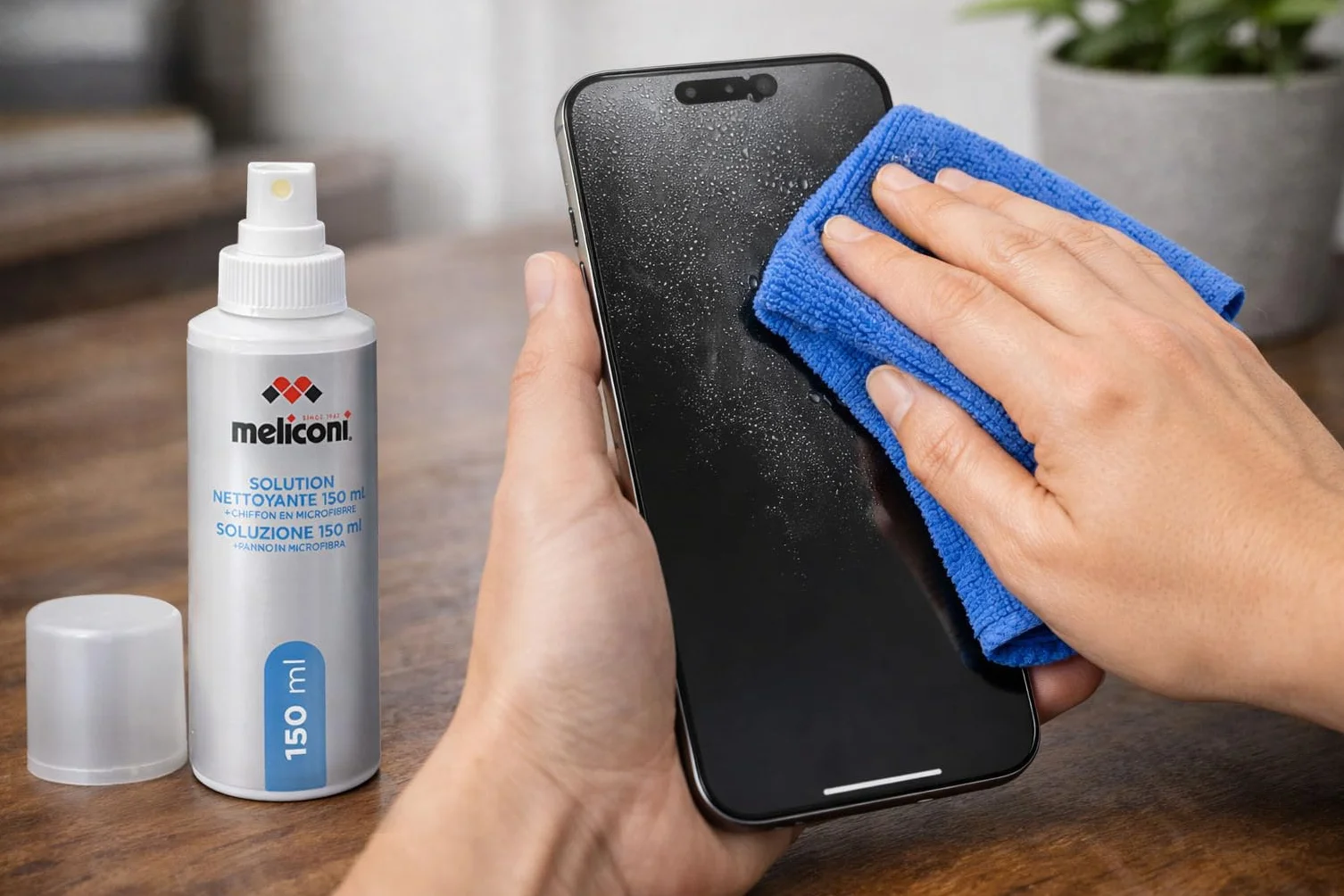 MELICONI Soluzione di Pulizia C-150 150 ml Panno in Microfibra per Schermi TV, Monitor, Smartphone, LCD, Plasma