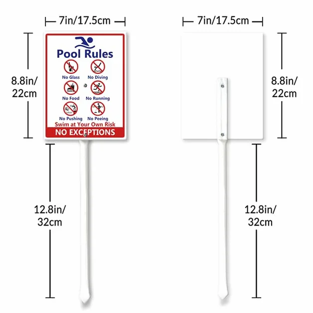Cartelli Regole Piscina, "No Diving No Glass", "No Food No Pushing No Running No Peeing in Pool Swim at Your Own Risk" Cartello da Giardino con Pali, 17,5×22 cm, Cartelli da Giardino