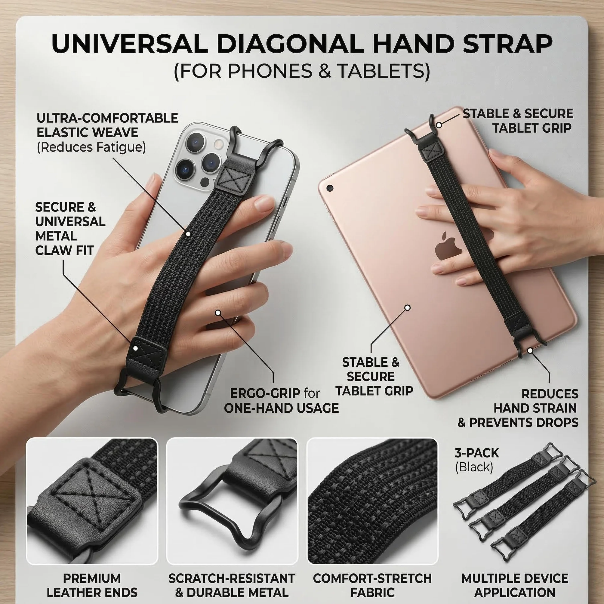 Cinturino di Sicurezza per eReader e Tablet 8.7-13 Pollici, Antiscivolo Regolabile, Supporto Universale per Uso a Una Mano