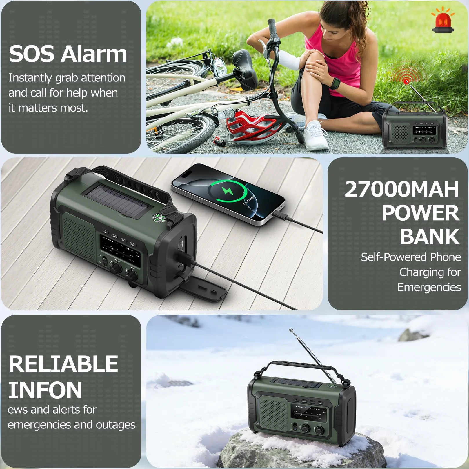 Radio a Manovella 27000mAh FM AM Bluetooth 5.3 Solarecon Allarme SOS Bussola Torcia Elettrica