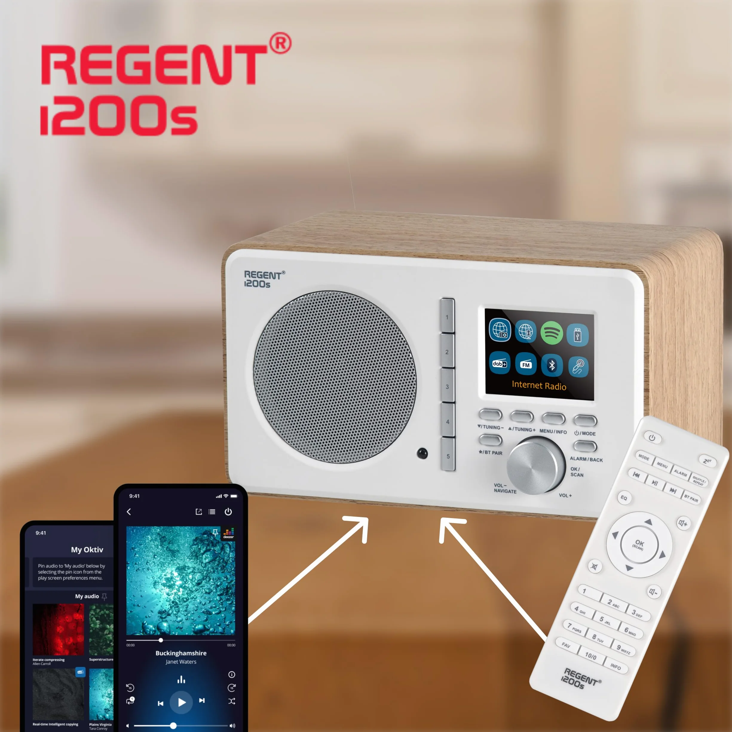 Ferguson Regent i200s Radio Internet WLAN Bluetooth FM DAB DAB+ UHF Spotify Connect Radiosveglia Equalizzatore Display a colori USB AUX-IN Sleep Timer Controllo App Telecomando