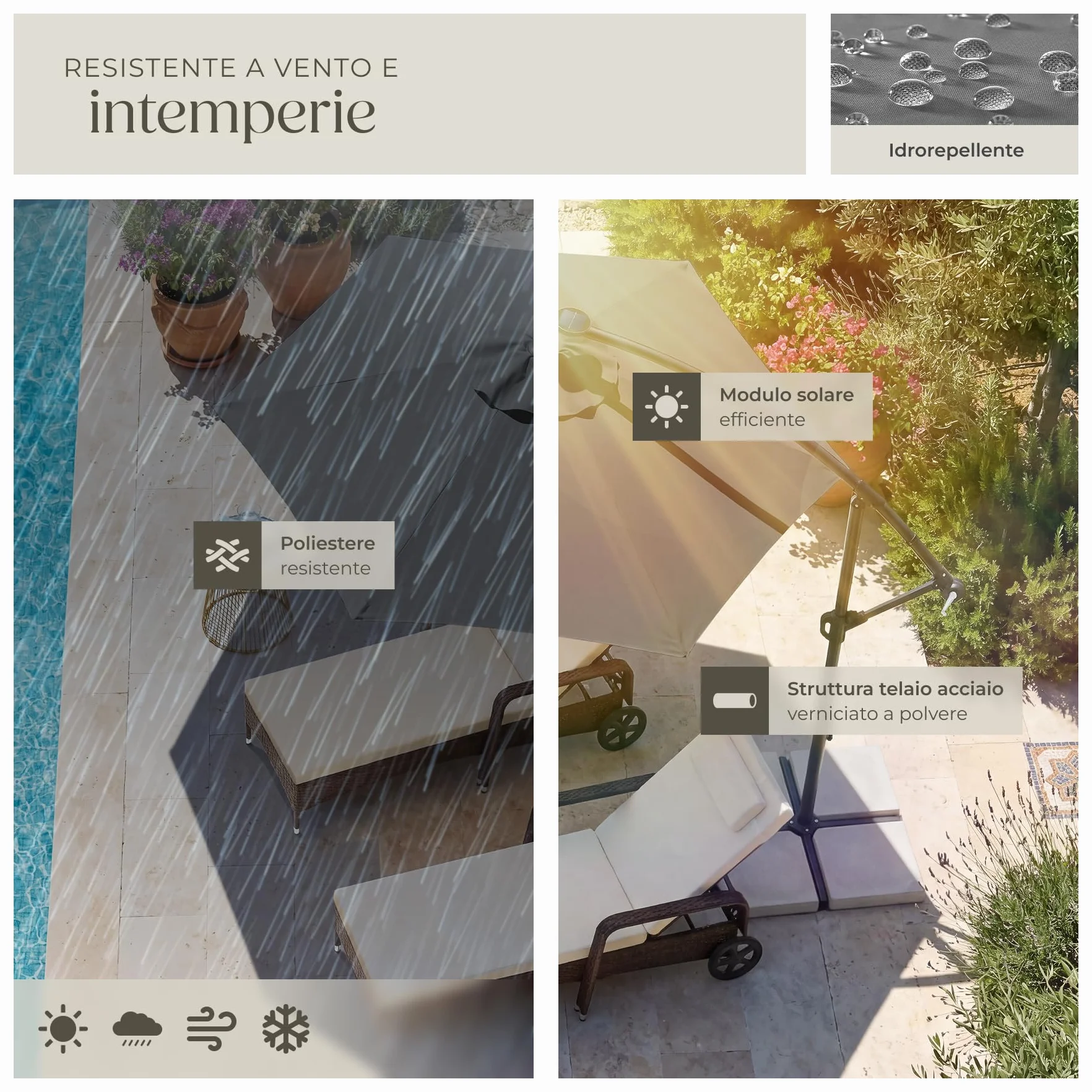 tectake® Ombrellone da Giardino 3x3 m, Ombrellone a Braccio Girevole 360° con Strisce Led a Energia Solare, Protezione UV 50+, Idrorepellente, Inclinabile, Base in Acciaio a Croce, Manovella