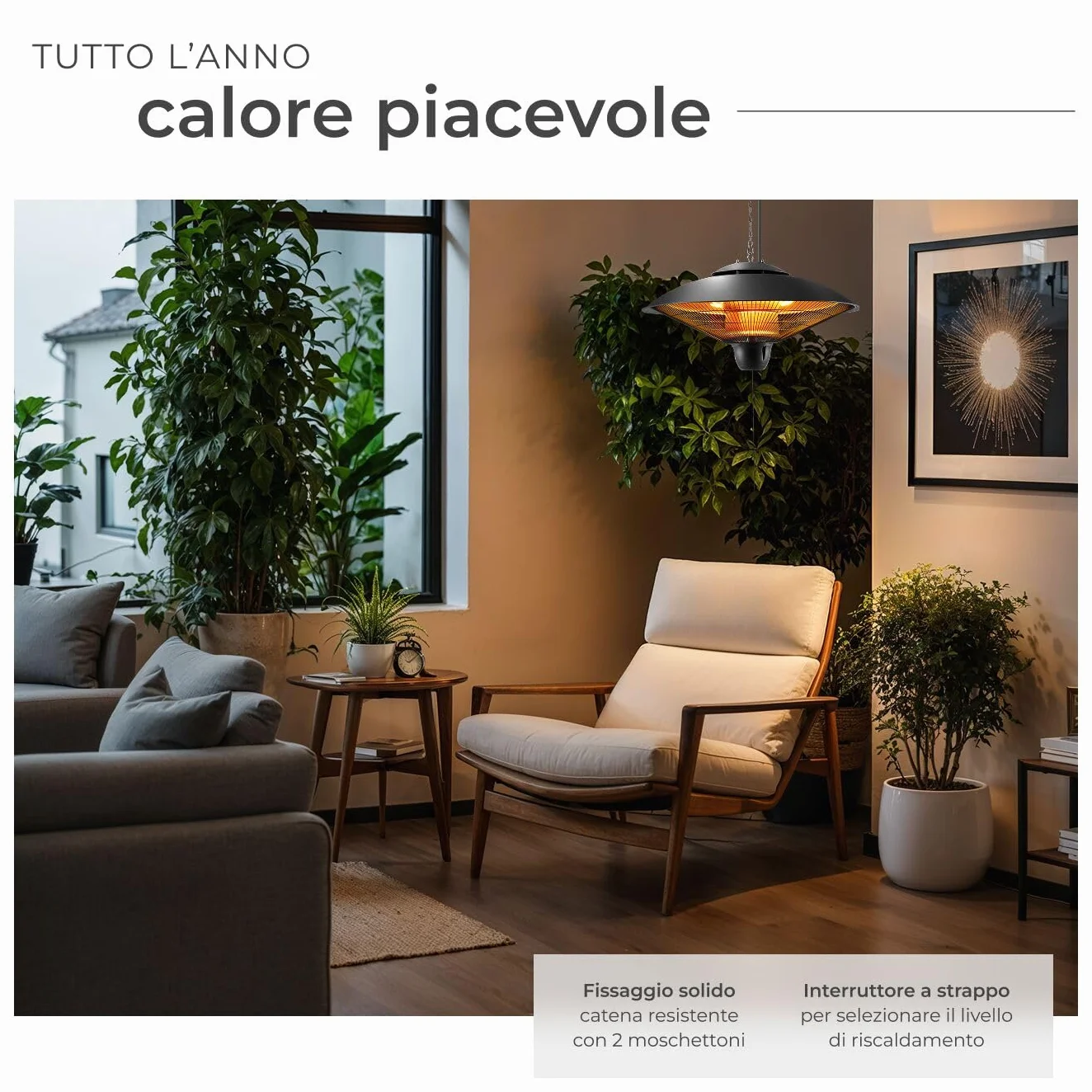 Tectake Riscaldatore a Infrarossi 2500W da Appendere, Struttura in Alluminio Inossidabile, Nero