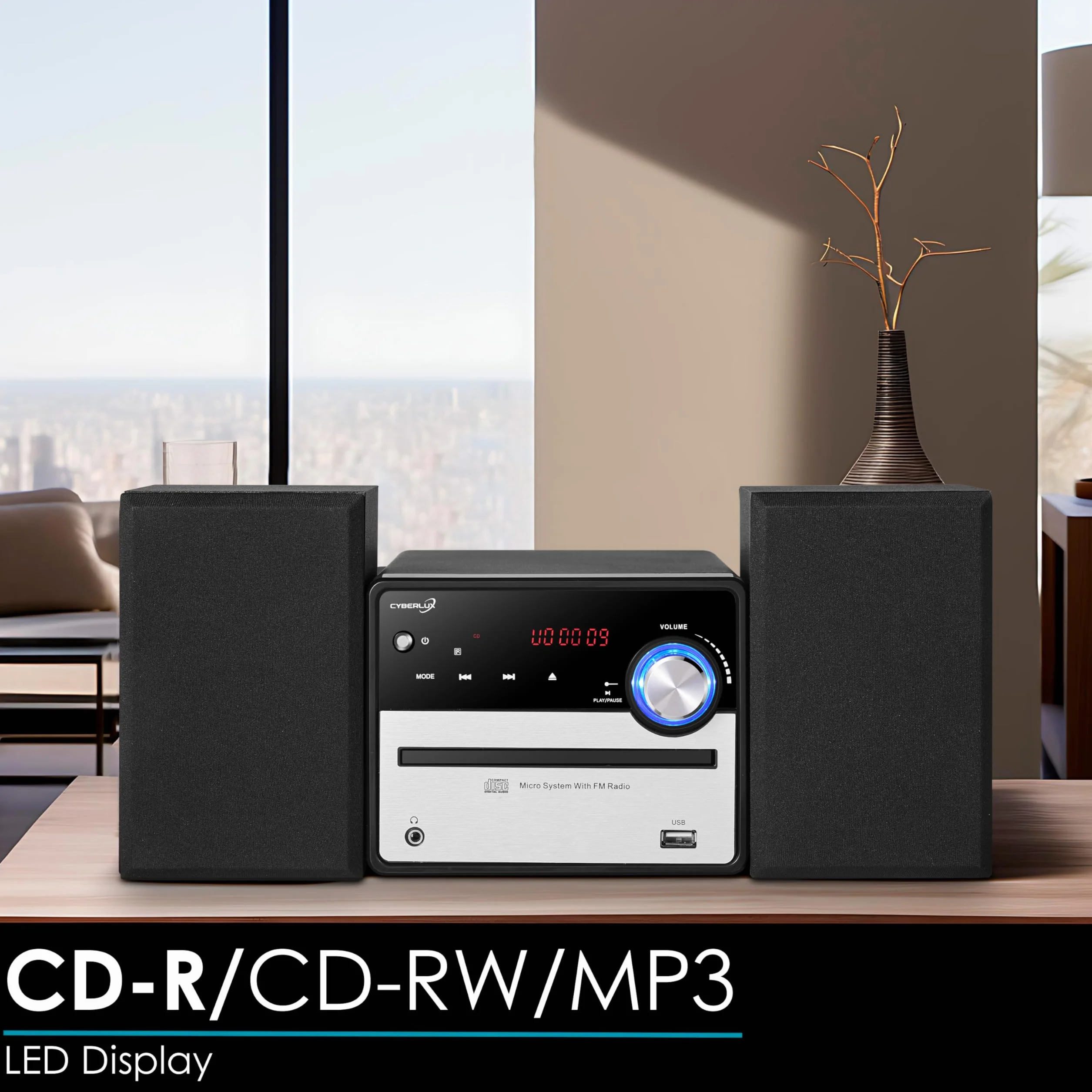 Cyberlux Impianto musicale retrò HiFi stereo compatto USB Line Out CD/MP3 Radio FM Display LED