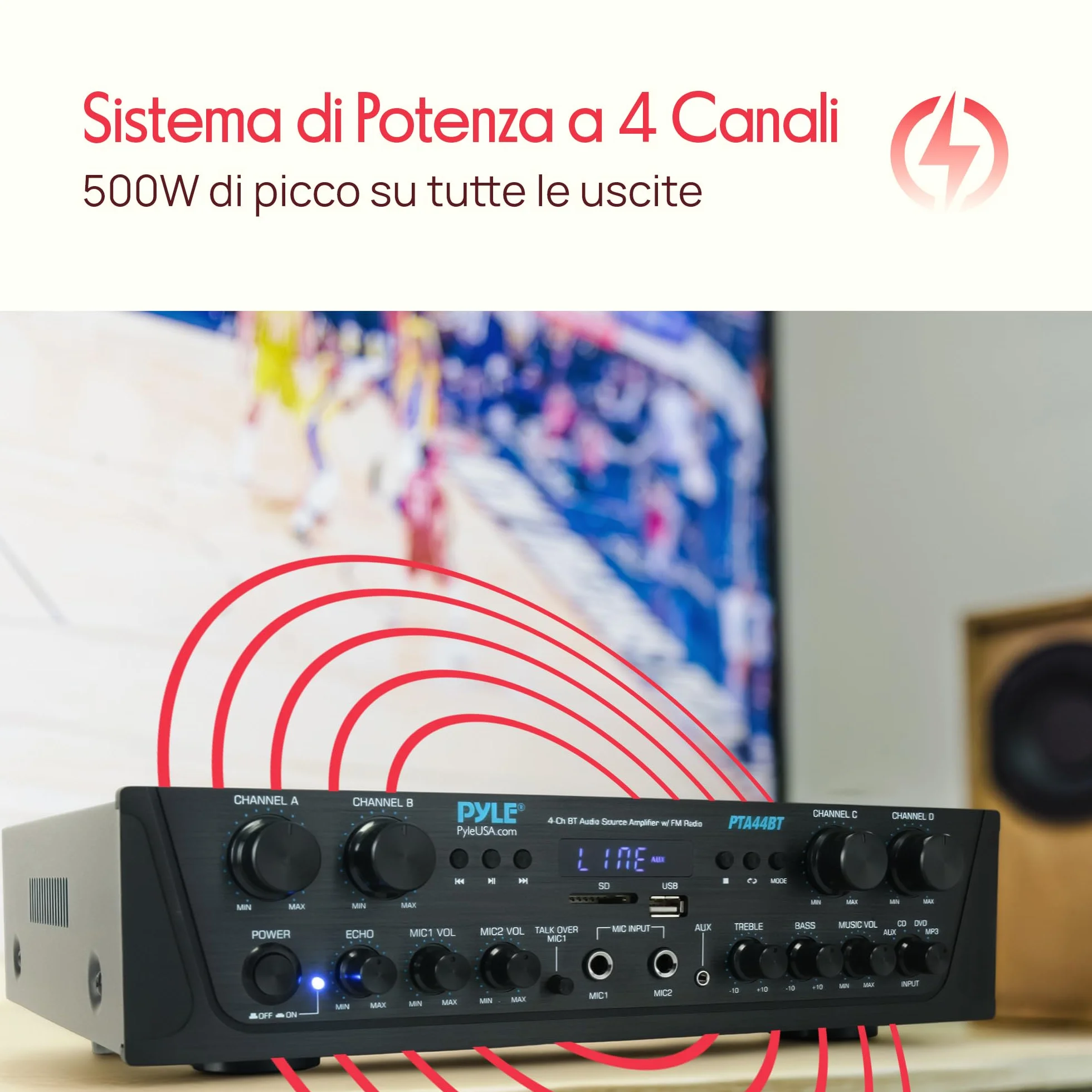 Pyle Amplificatore Karaoke Bluetooth Wireless 500 Watt, Audio Stereo 4 Canali con AUX, Radio FM, USB, Microfono In