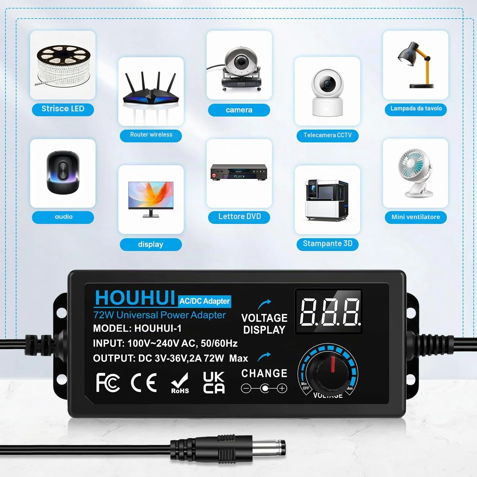 Uniwersalny regulowany zasilacz 3V-36V 2A 72W 100V-240V AC DC LED 5,5x2,5mm 16 końcówek