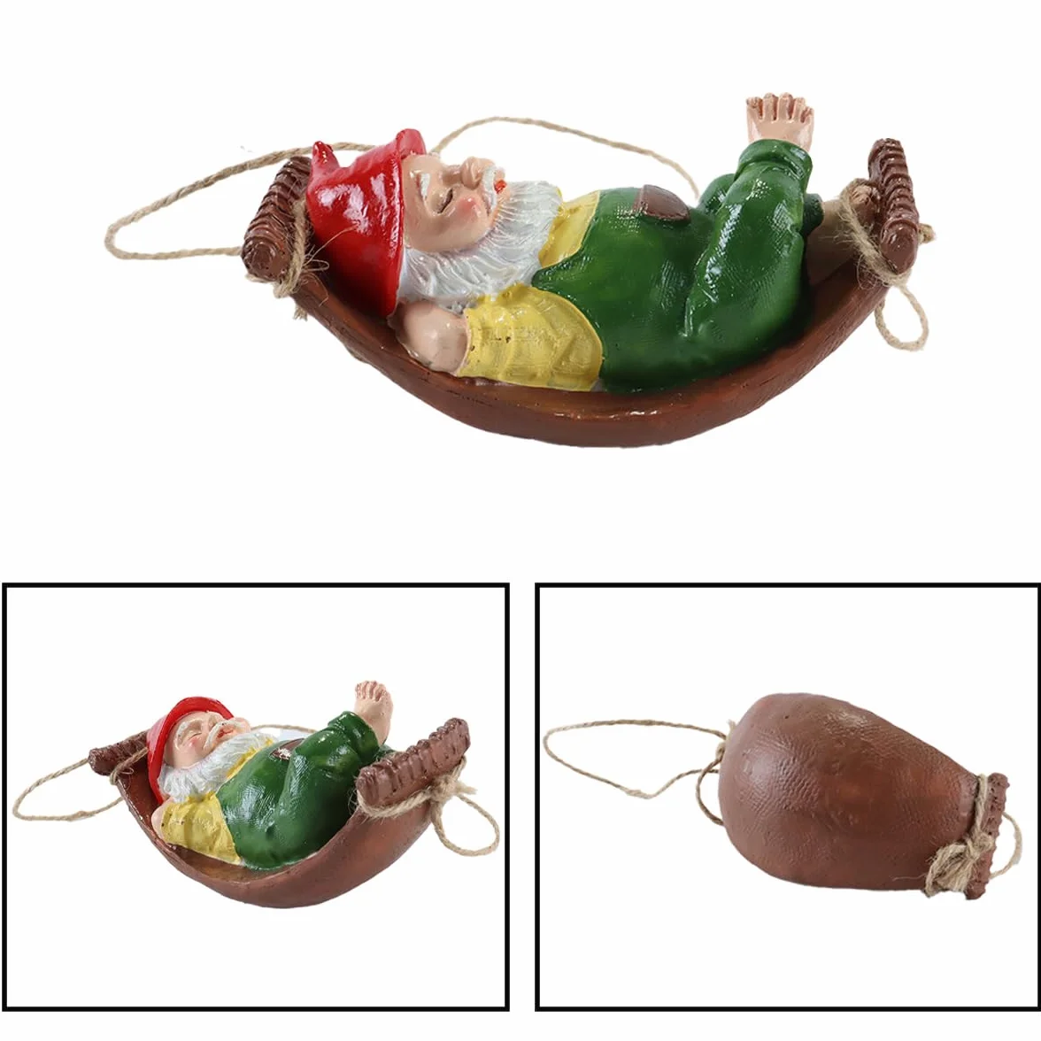 Alide Statua di gnomo da giardino con amaca, decorazione in resina per esterni, impermeabile, ornamento per patio, cortile, prato, verde, 7 x 8,5 x 14 cm