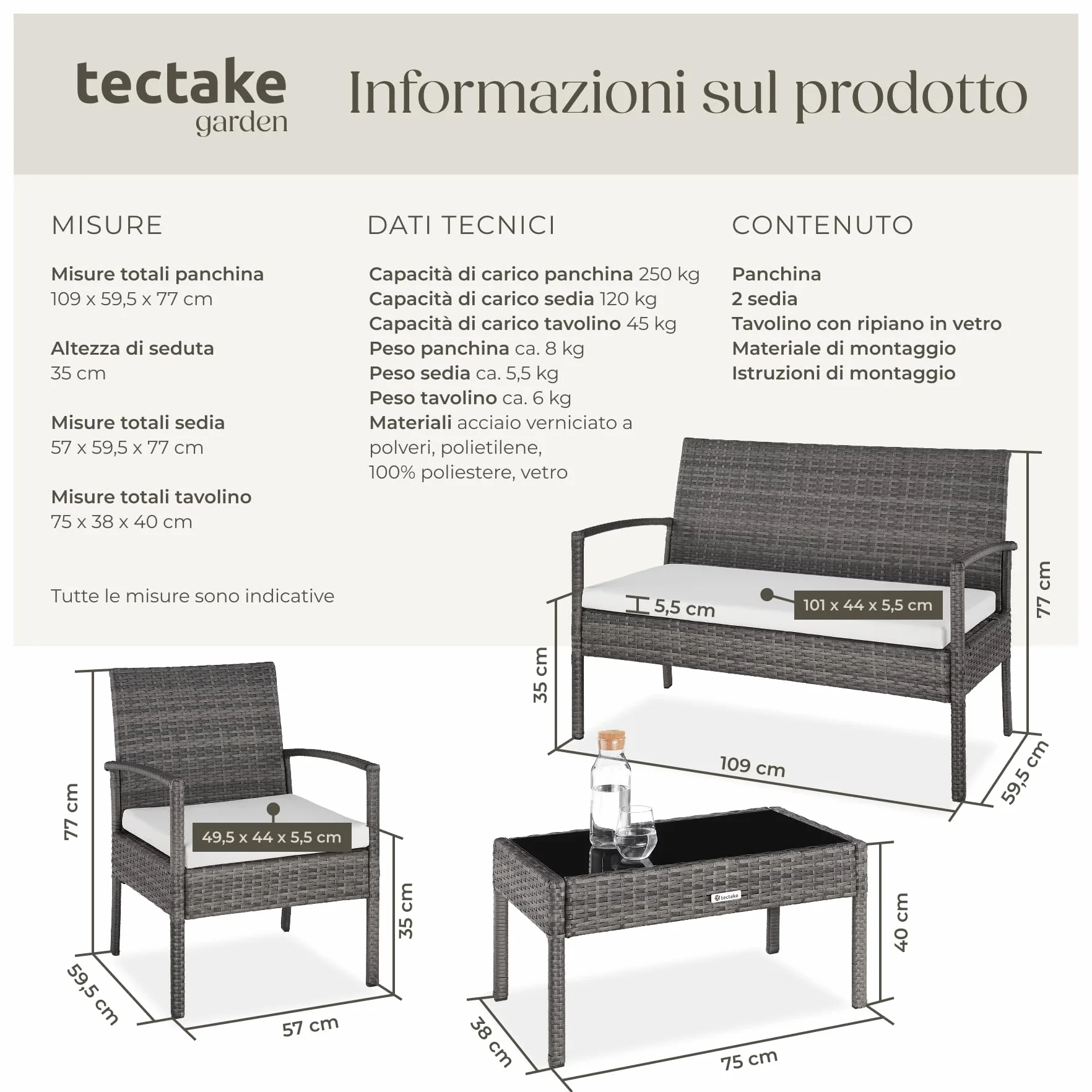 tectake® Set di Mobili in Rattan Sparta, Set Sedie, Panca, Tavolino Salotto con Lastra in Vetro, Comodi Cuscini Idrorepellenti, Ideale per Giardino, Terrazzo, Veranda - Grigio