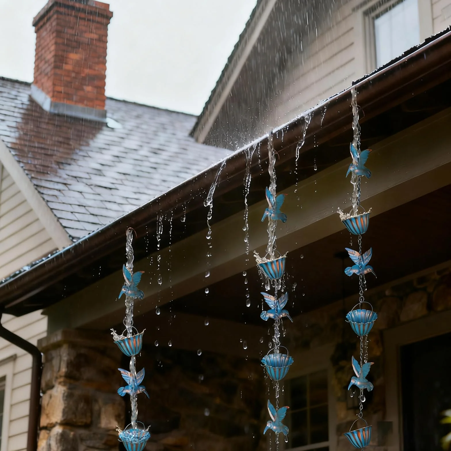 2,4 m Catene della Pioggia, Rain Chain Blu Colibrì Ferro retrò Collettore di Acqua Piovana per Esterni Adatto per Grondaie e Cornicioni del Cortile