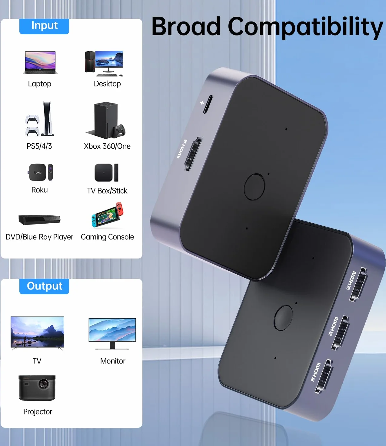Switch HDMI 2.1 8K@60Hz 4K@144Hz 48 Gbps 3 in 1 Out HDR Dolby Atmos UHD HDCP PS5 Xbox