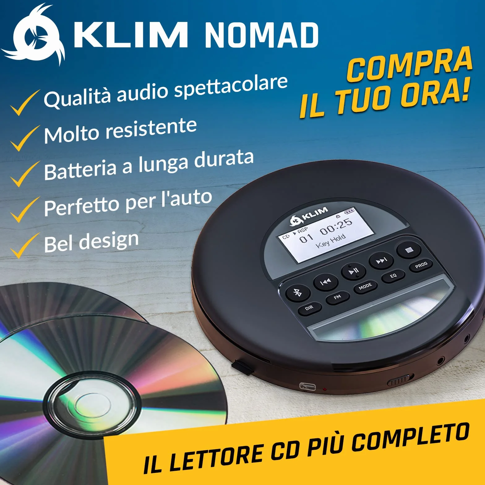 KLIM Nomad Lettore CD Portatile Bluetooth Radio FM MP3 SD