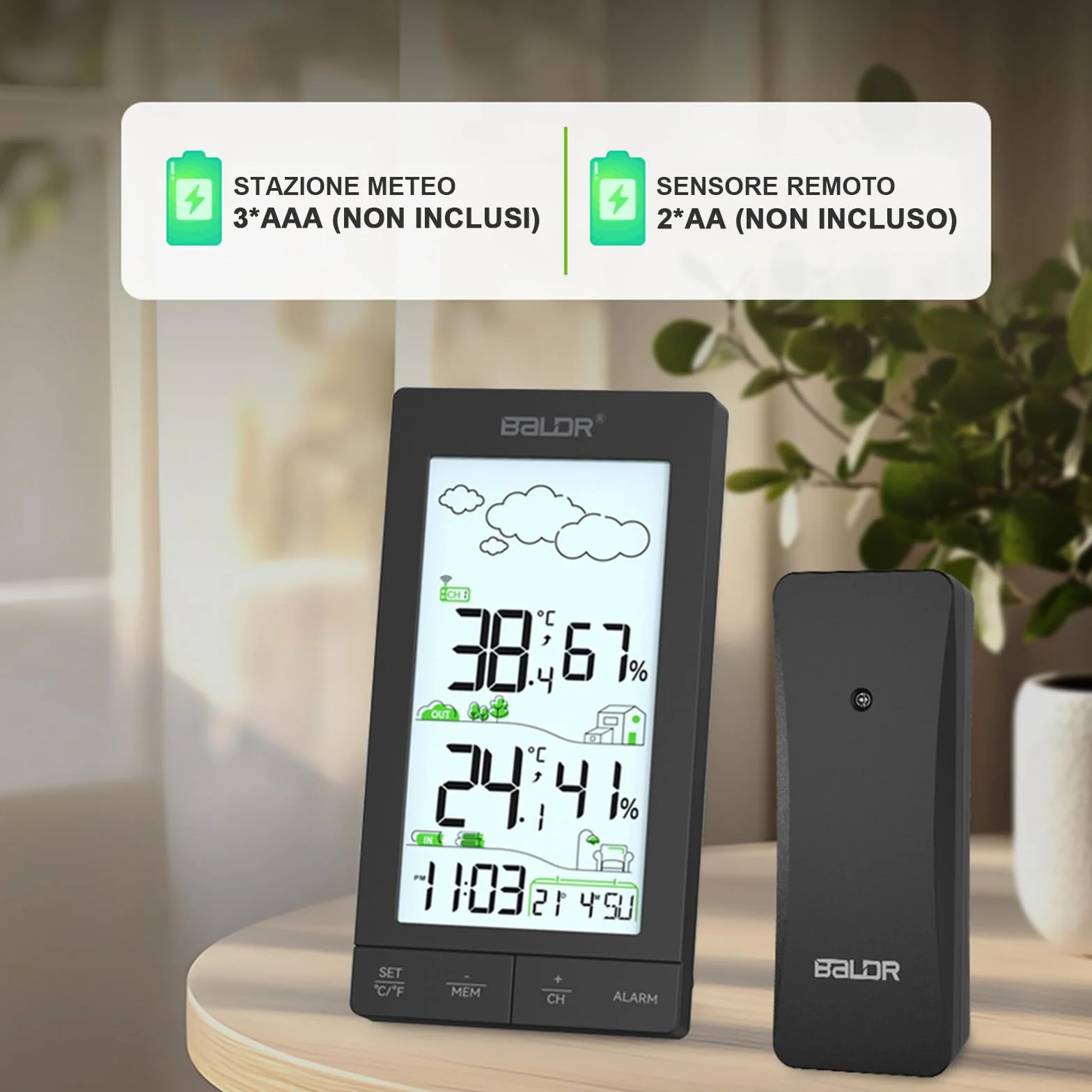 Stazione Meteo con Sensore Esterno, Display LCD 6.0", Termometro Igrometro, Previsioni, Sveglia Snooze