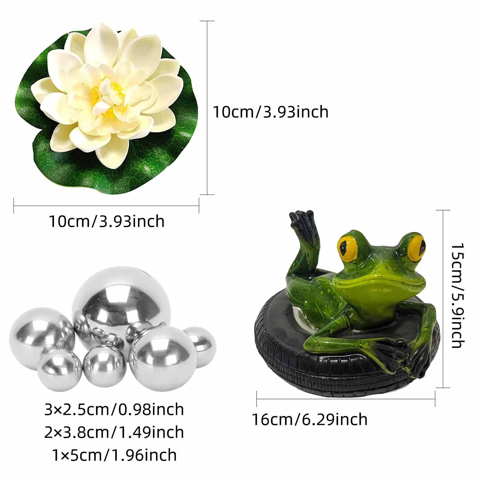Set Decorativo per laghetti da Giardino, Fiori di Loto Artificiali, Due Rane con Sfere argentate e 2 Fiori di Loto Come Decorazione da Giardino per laghetti da terrazzo, laghetti, fontane solari