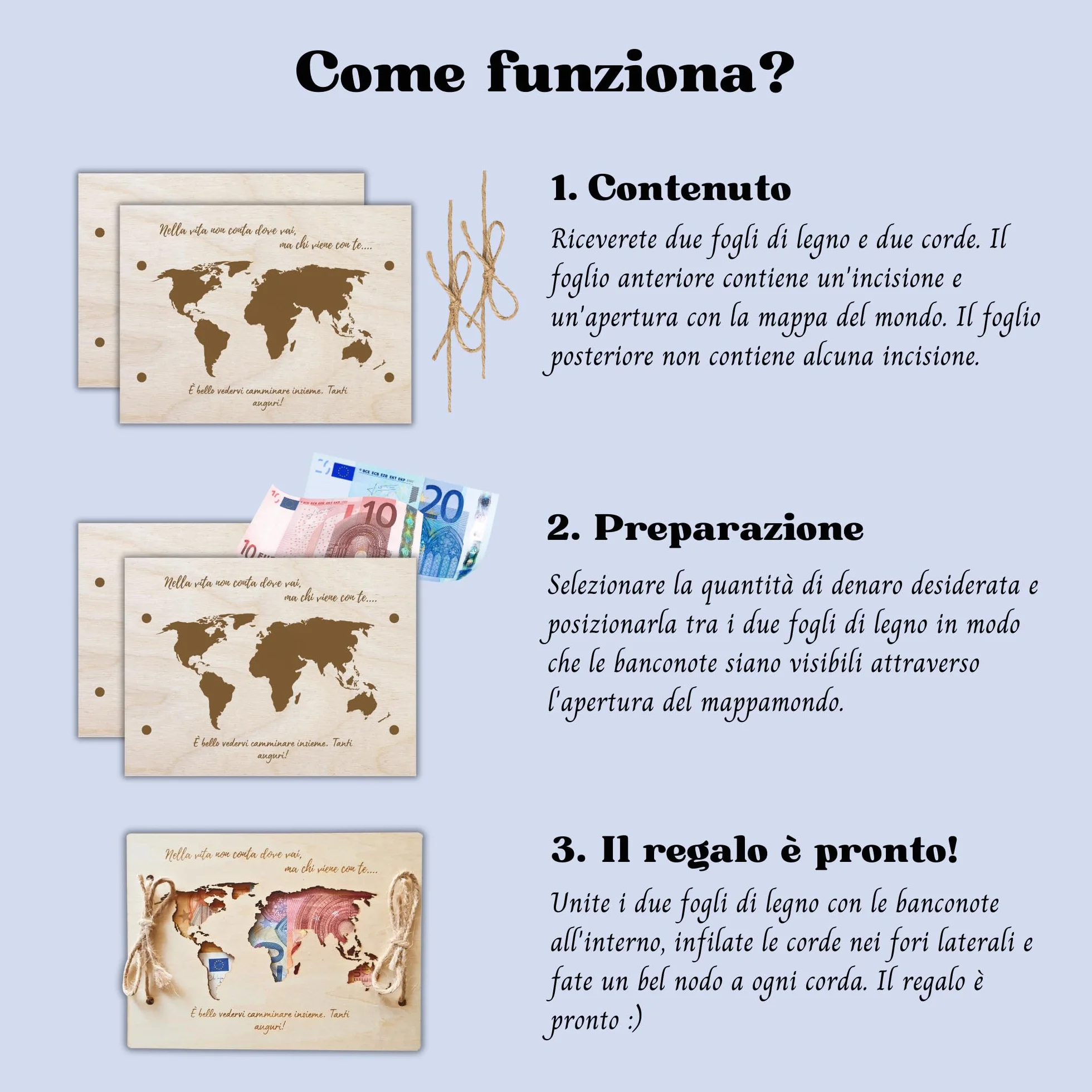 Regalo porta soldi matrimonio Busta Biglietto auguri di nozze Mappamondo in legno Carta Geografica