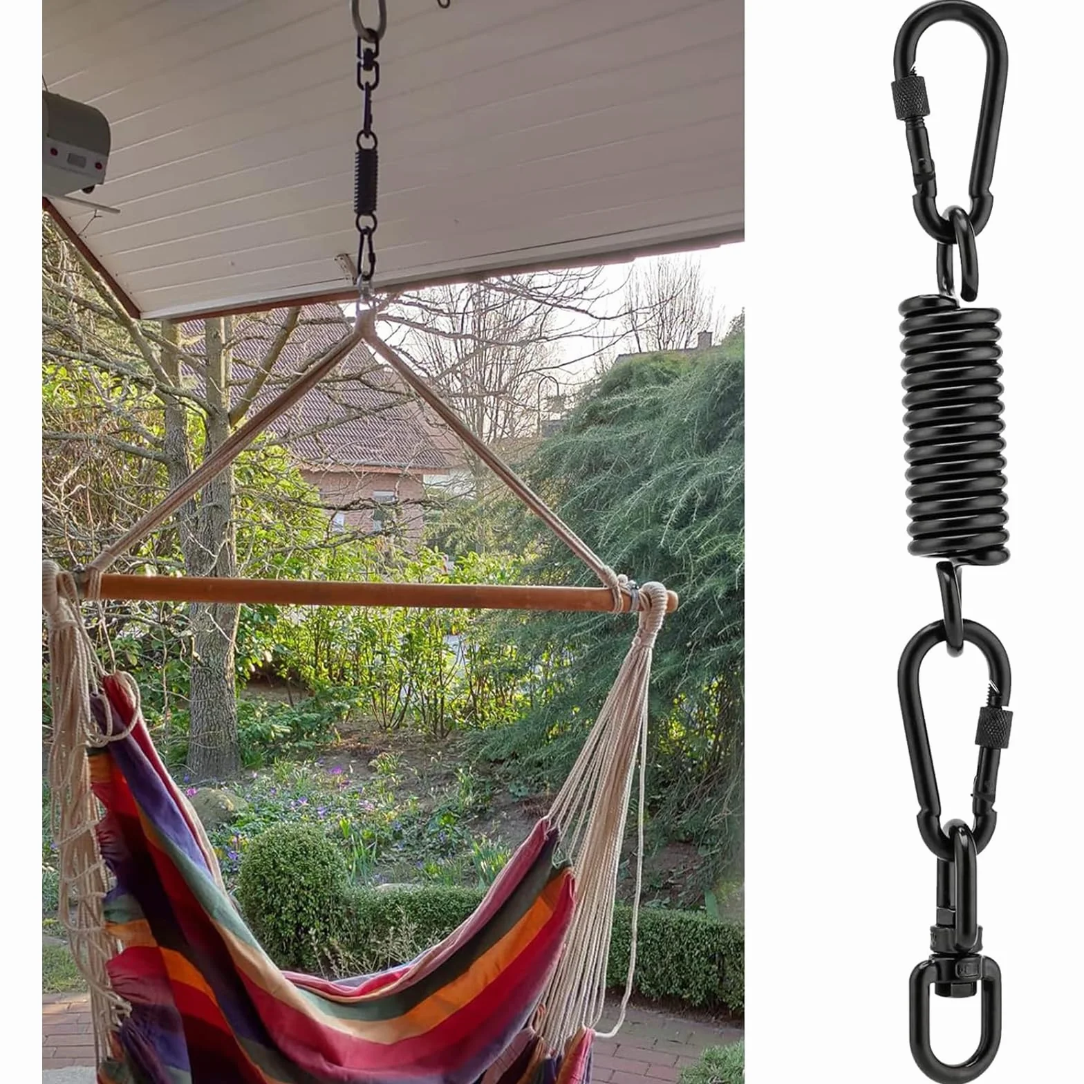 Molla oscillante per poltrona sospesa, con 2 moschettoni e gancio girevole a 360°, moschettone, portata fino a 250 kg, molla di sospensione per sacco da boxe, hammock, yoga