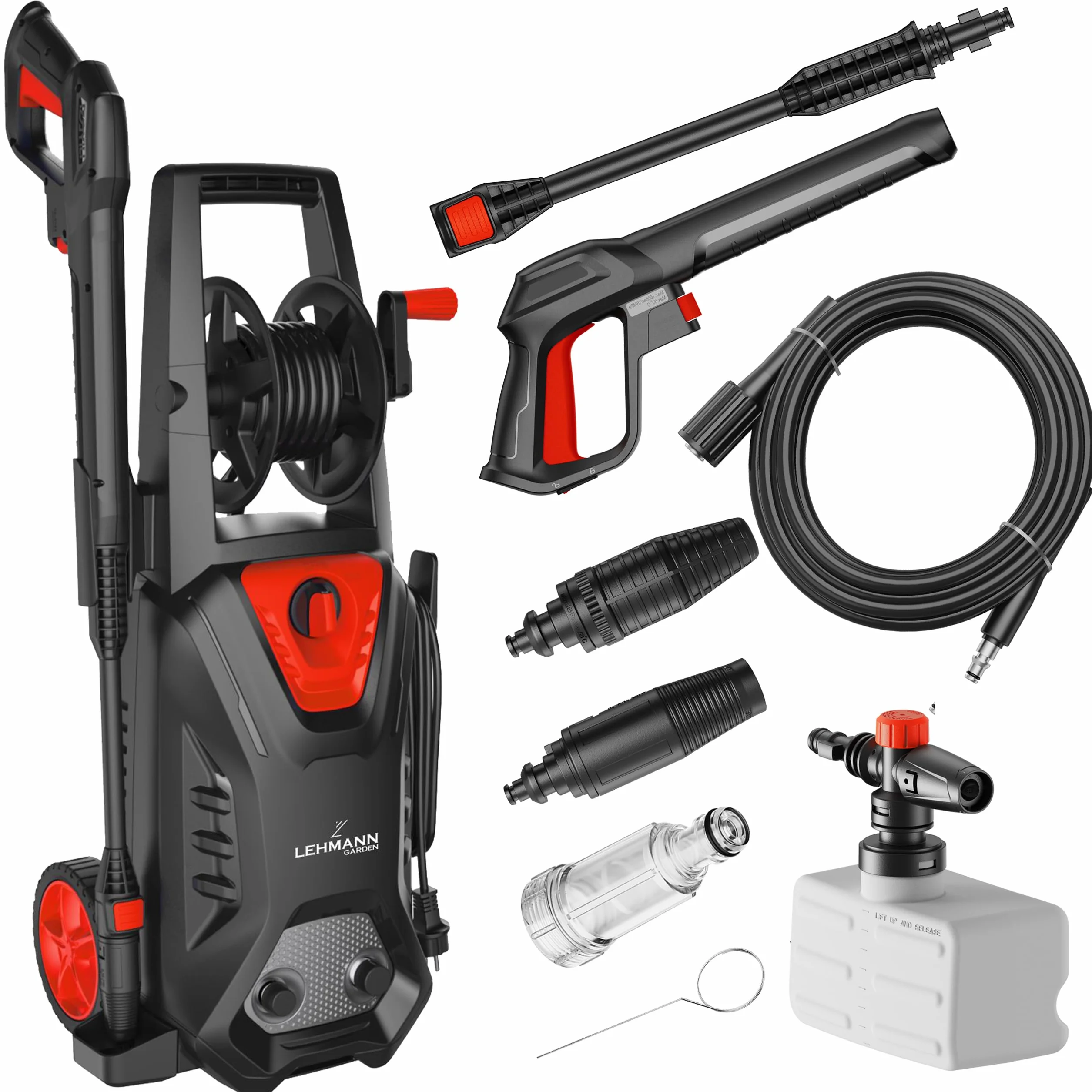 LEHMANN Hudson Idropulitrice Alta Pressione, 1800 W, Pressione Max. 220 Bar, Portata 450 l/h, Autoadescante, Pompa in Alluminio, Tubo da 5 m, Ideale per la Casa, Il Giardino e l'Auto