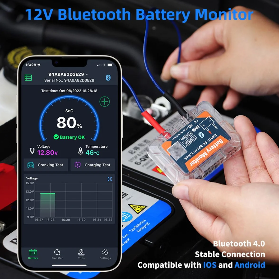 DollaTek Bluetooth 4.0 12V Wireless Battery Monitor Tester Car RV Motorcycle Boat