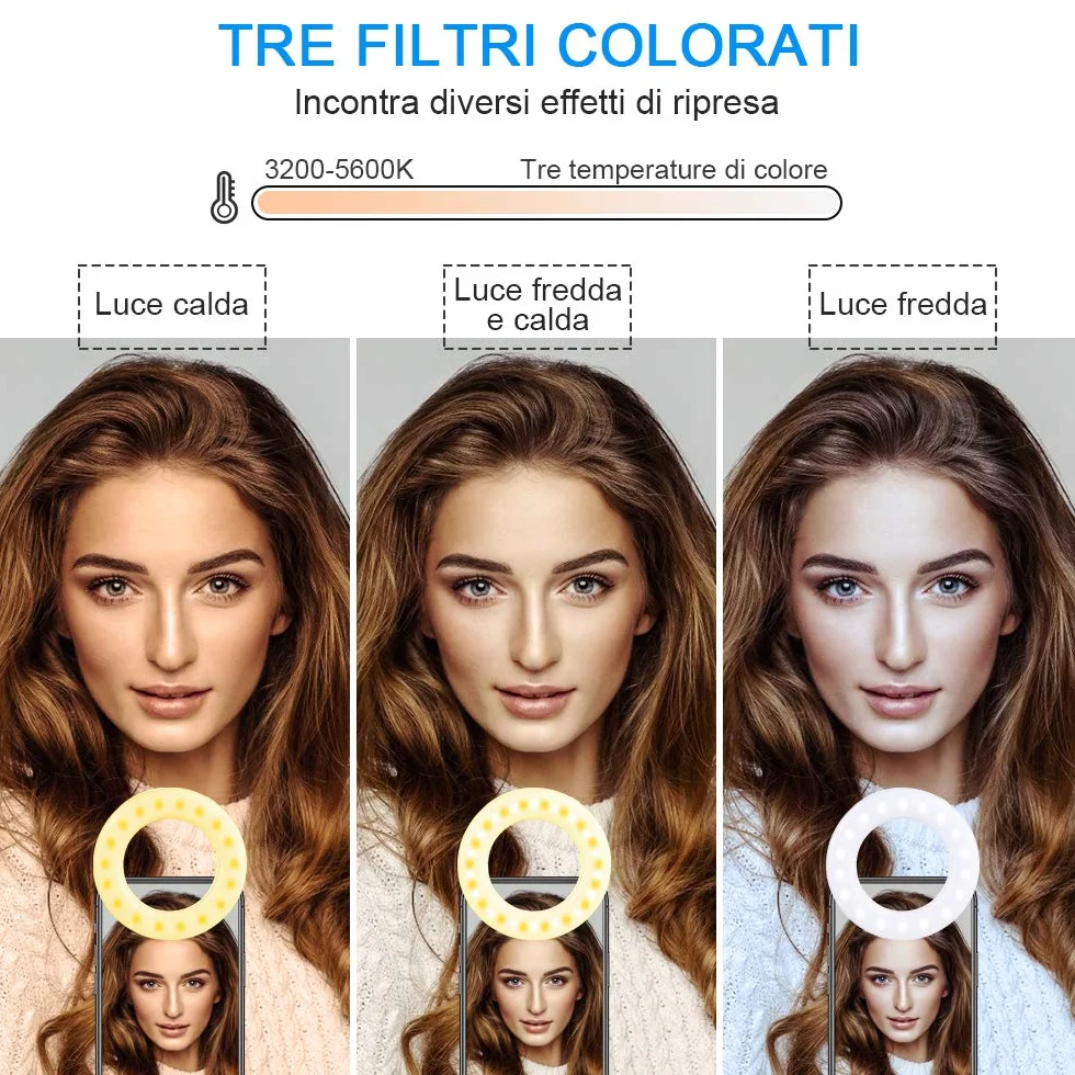 Diyife Selfie Ring Light Ricaricabile 3 Livelli Luminosità 40 LED con Clip per Telefono YouTube Facebook Live Stream