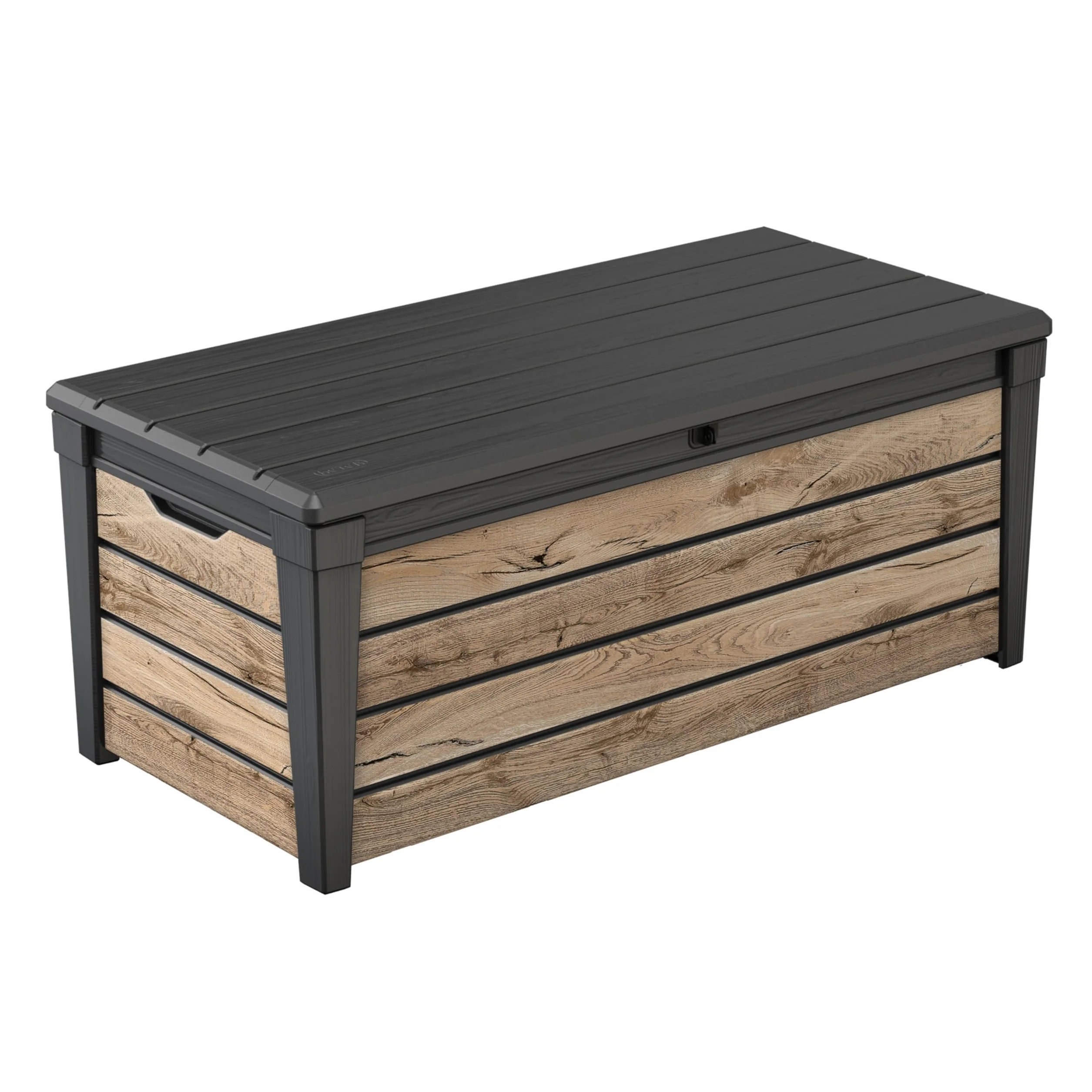 Keter Brightwood - Scatola da giardino in legno di pino, 454 litri, coperchio con molle a gas, portata fino a 300 kg, resistente alle intemperie, impermeabile, resistente ai raggi UV, in plastica