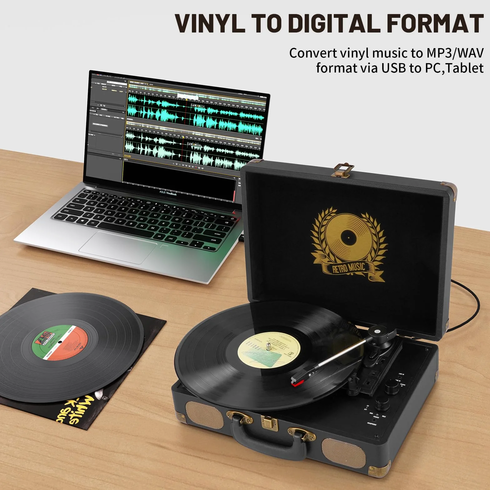 Giradischi in vinile Bluetooth portatile 3 velocità USB MP3 vintage valigia con altoparlanti integrati nero
