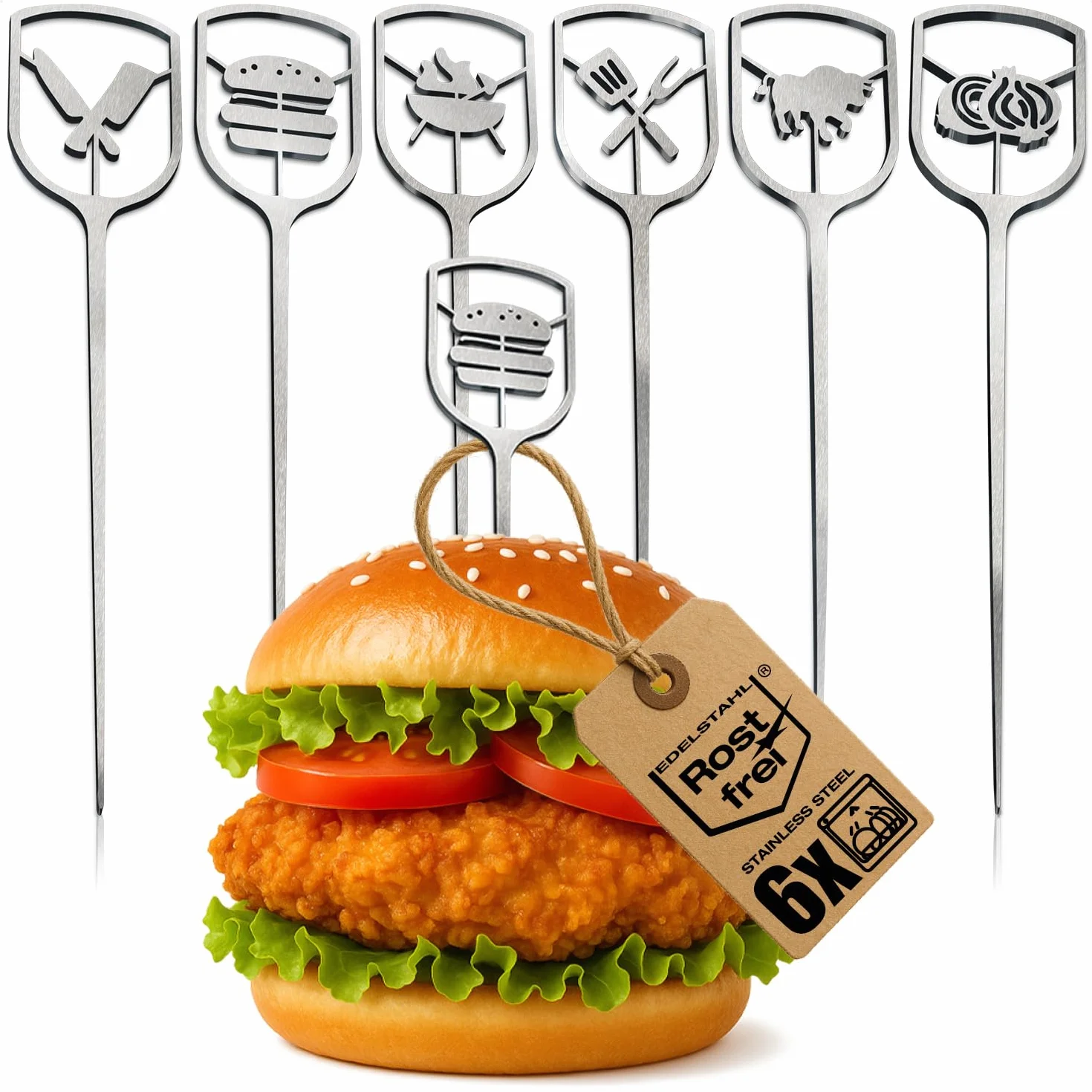 com-four® 6 spiedini burger acciaio inox 16 cm, punte metalliche con impugnatura ampia aperta, accessorio cucina, barbecue per servizio elegante (6x - aperto - 16 cm)