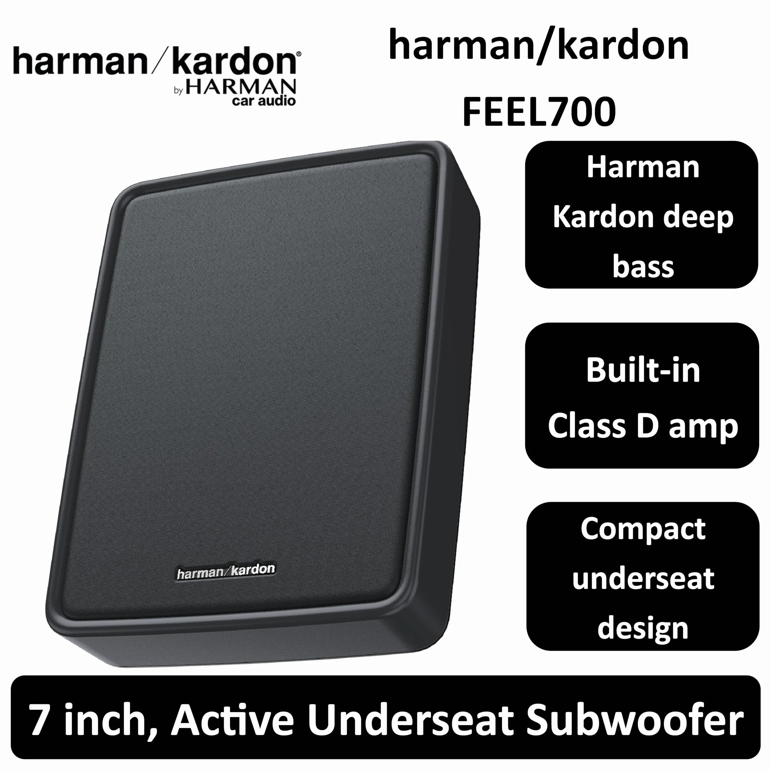 Harman Kardon Feel 700 Subwoofer Auto Attivo Sottosedile, Mini Bass Box Amplificato, Bassi Profondi, Design Slim Ultra Compatto