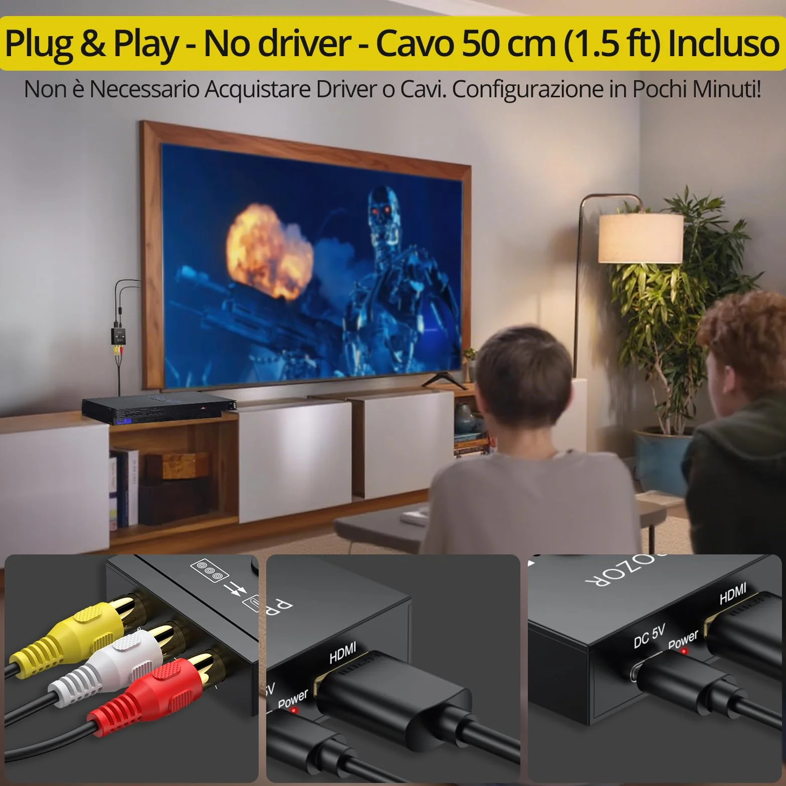 PROZOR Convertitore da RCA a HDMI 1080p CVBS Audio Video Composito PAL/NTSC per Wii PS1 PS2 N64