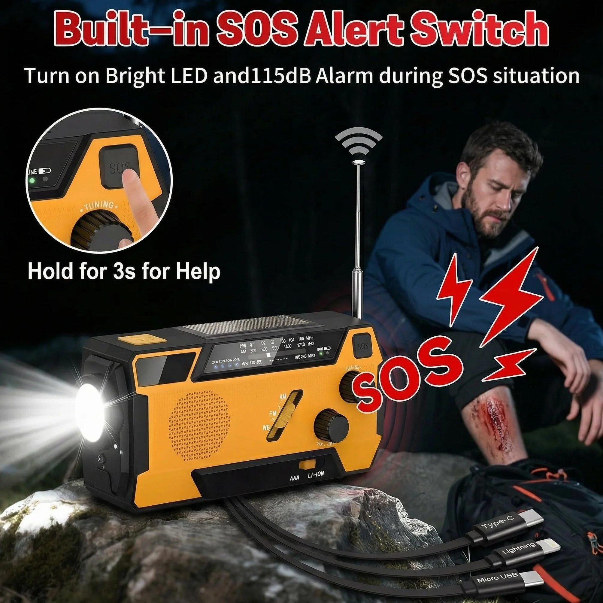 Radio di Emergenza a Manovella con Pannello Solare, Powerbank 2000mAh, Torcia LED SOS