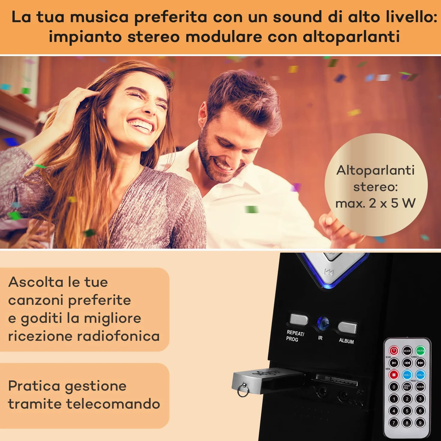 oneConcept Radio Portatile Lettore CD HiFi FM Stereo AUX 2 Altoparlanti Display LCD MP3 Ingresso SD 3W