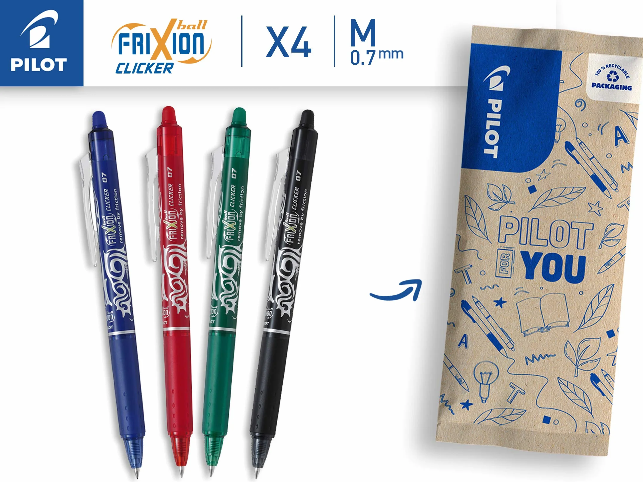 PILOT Set di 4 FriXion Ball Clicker 07 Penna Cancellabile Termosensibile Roller a Scatto Ricaricabile Nero Blu Rosso Verde Punta Media